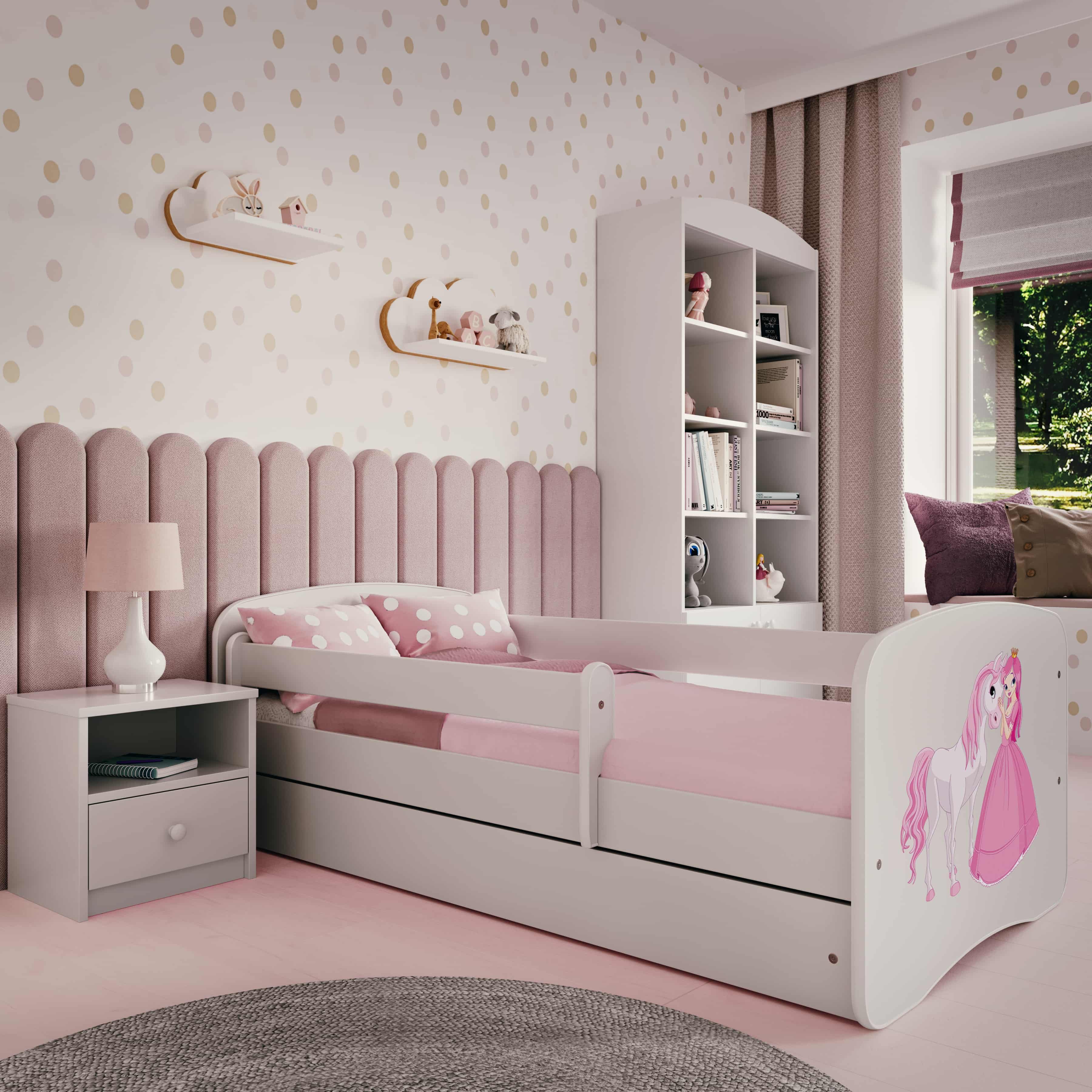 Raumhirsch Furniture Kinderbett 70x140, 80x160, 80x180 cm - Komplettset mit Schublade (Bett für Mädchen, Einzelbett Kinder 2–12, mit Rausfallschutz & Lattenrost), verschiedene Farben & Designs
