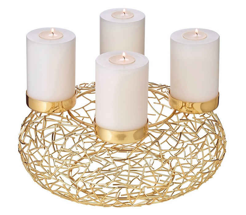 EDZARD Adventskranz Milano, (34 cm) Kerzenhalter für Stumpenkerzen, Adventsleuchter als Weihnachtsdeko für 4 Kerzen á Ø 8 cm, Kerzenkranz als Tischdeko mit Gold-Optik, vernickelt