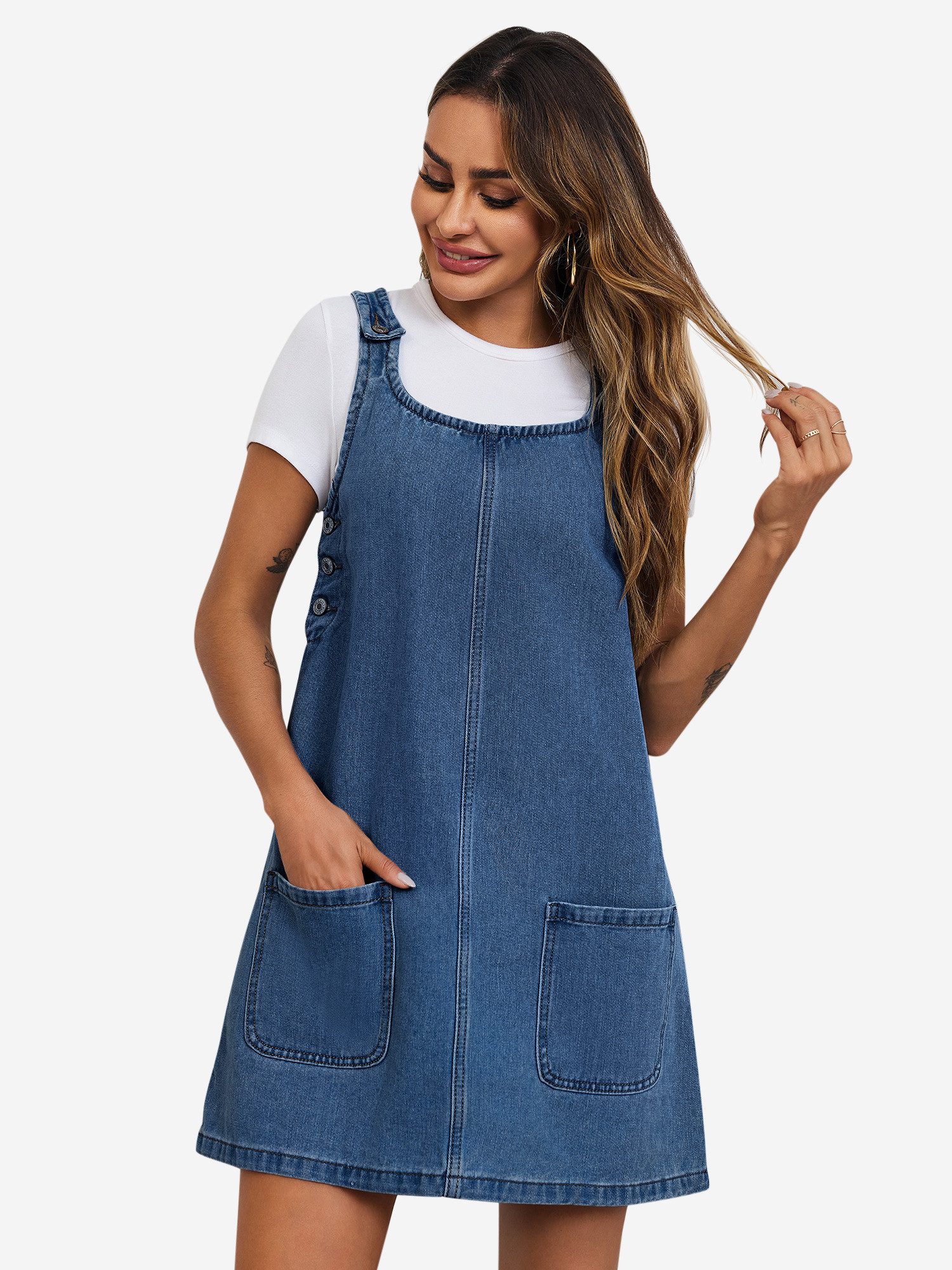 Imily Bela Jeanskleid Ärmellose Kleid mit Rundhals (Packung, 1-tlg., 1per-Pack) mit Eingrifftaschen