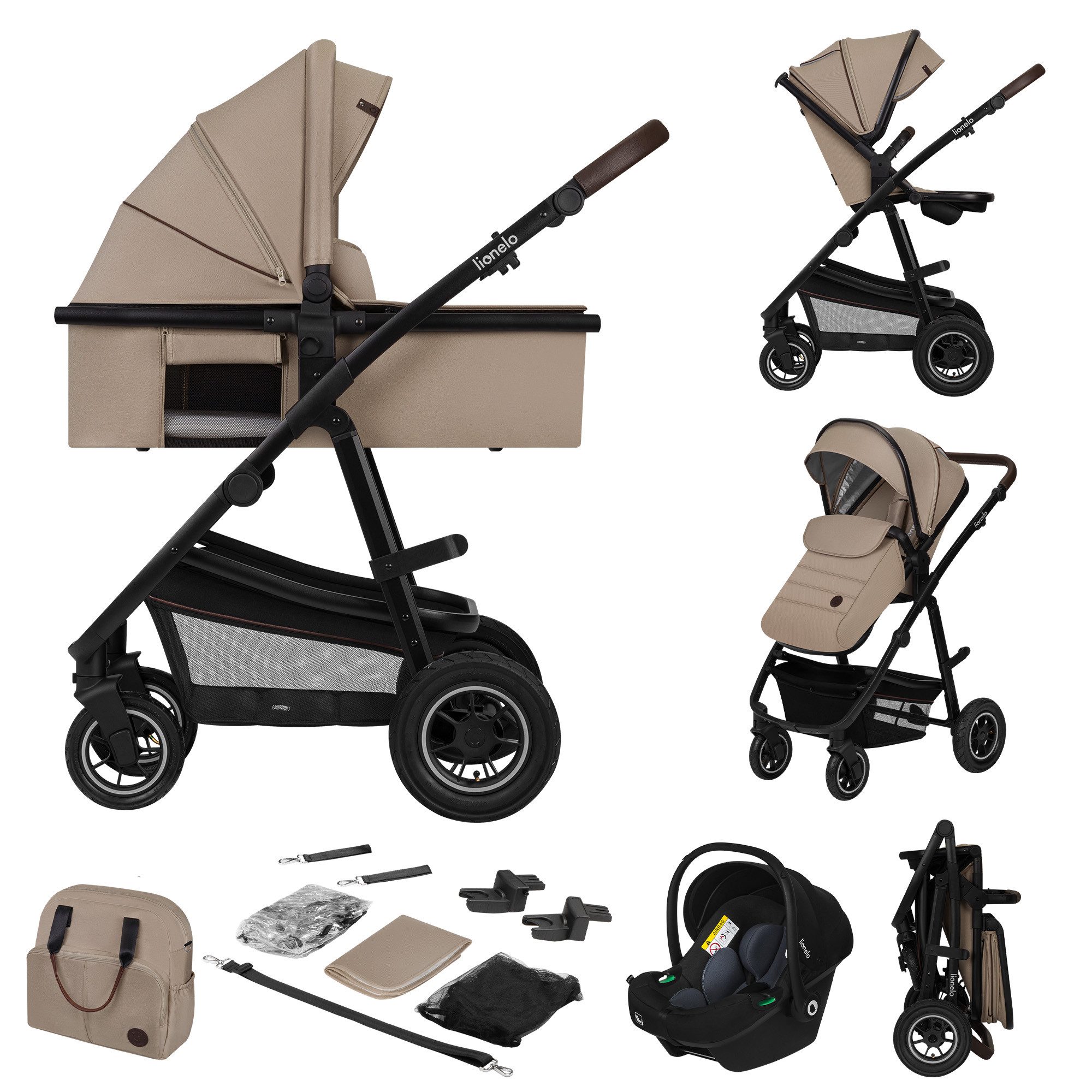 lionelo Kombi-Kinderwagen Amber 3in1, babyschale 0-13kg Tasche Moskitonetz Regenschutz 3in1