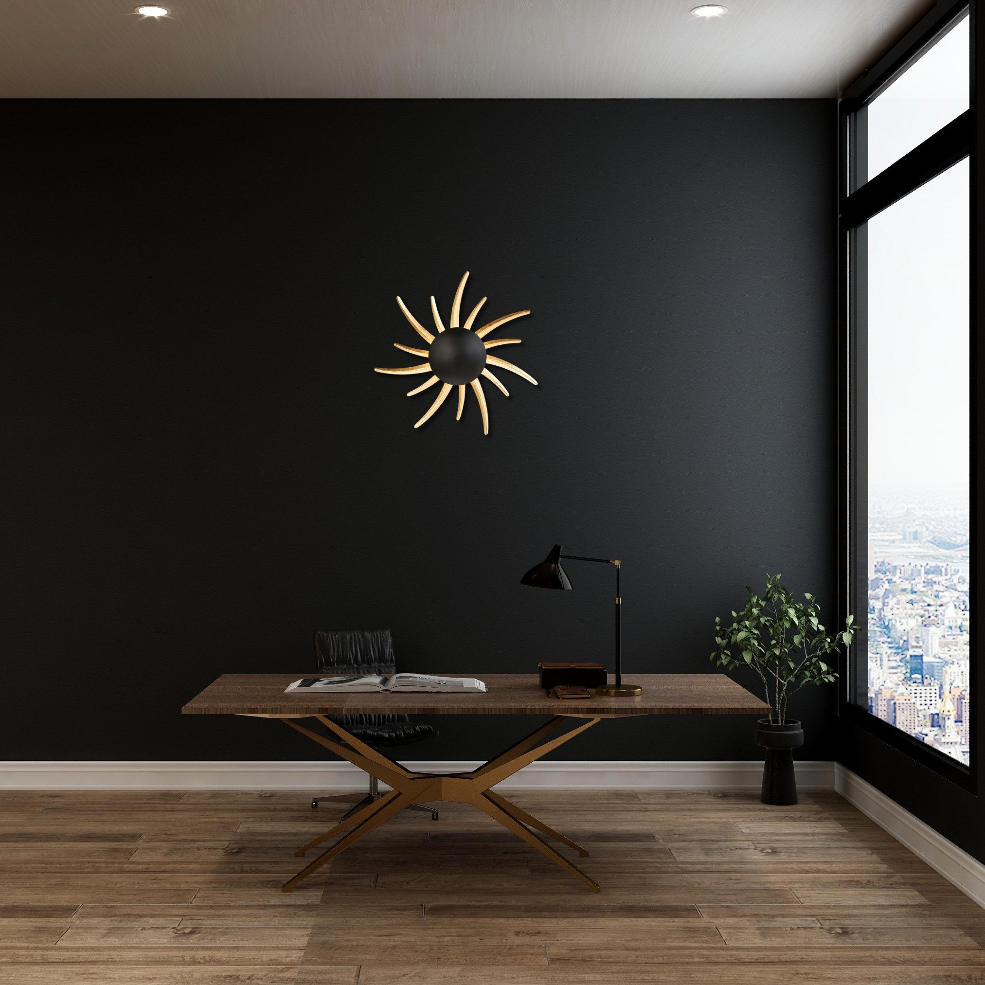 Lichthandel Hoch LED Wandleuchte modern „Sun“ –Schwarz/Gold– Design-Leuchte in Sonnenform Ø ca. 45cm, LED fest integriert, 2700K, EINFACHE BEDIENUNG - AN / AUS - Schalter