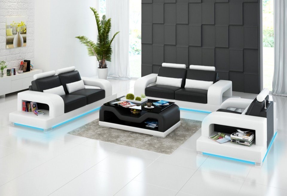 JVmoebel Europe 3+2+1 Made Sofa in Schwarz-weiße Sitzer, Wohnlandschaft Ledersofas