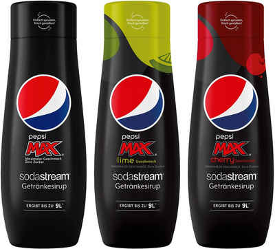 SodaStream Getränke-Sirup, 3 Stück, 1x Pepsi Max, 1x Pepsi Max Lime und 1x Pepsi Max Cherry Getränkesirup je 440ml für je 9L Fertiggetränk