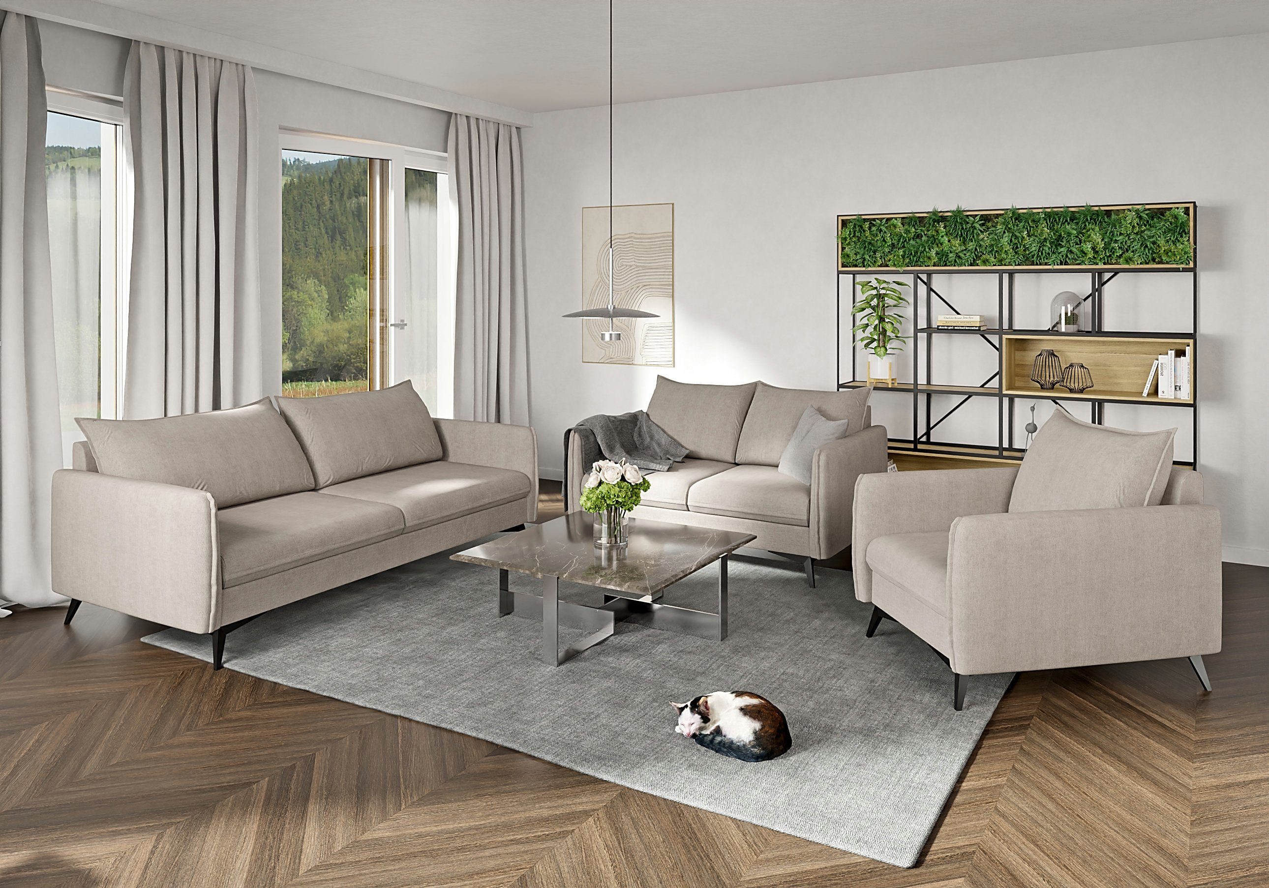 Beige Füßen, Sessel Azalea mit Modernes mit Möbel Wellenfederung Metall S-Style Schwarz