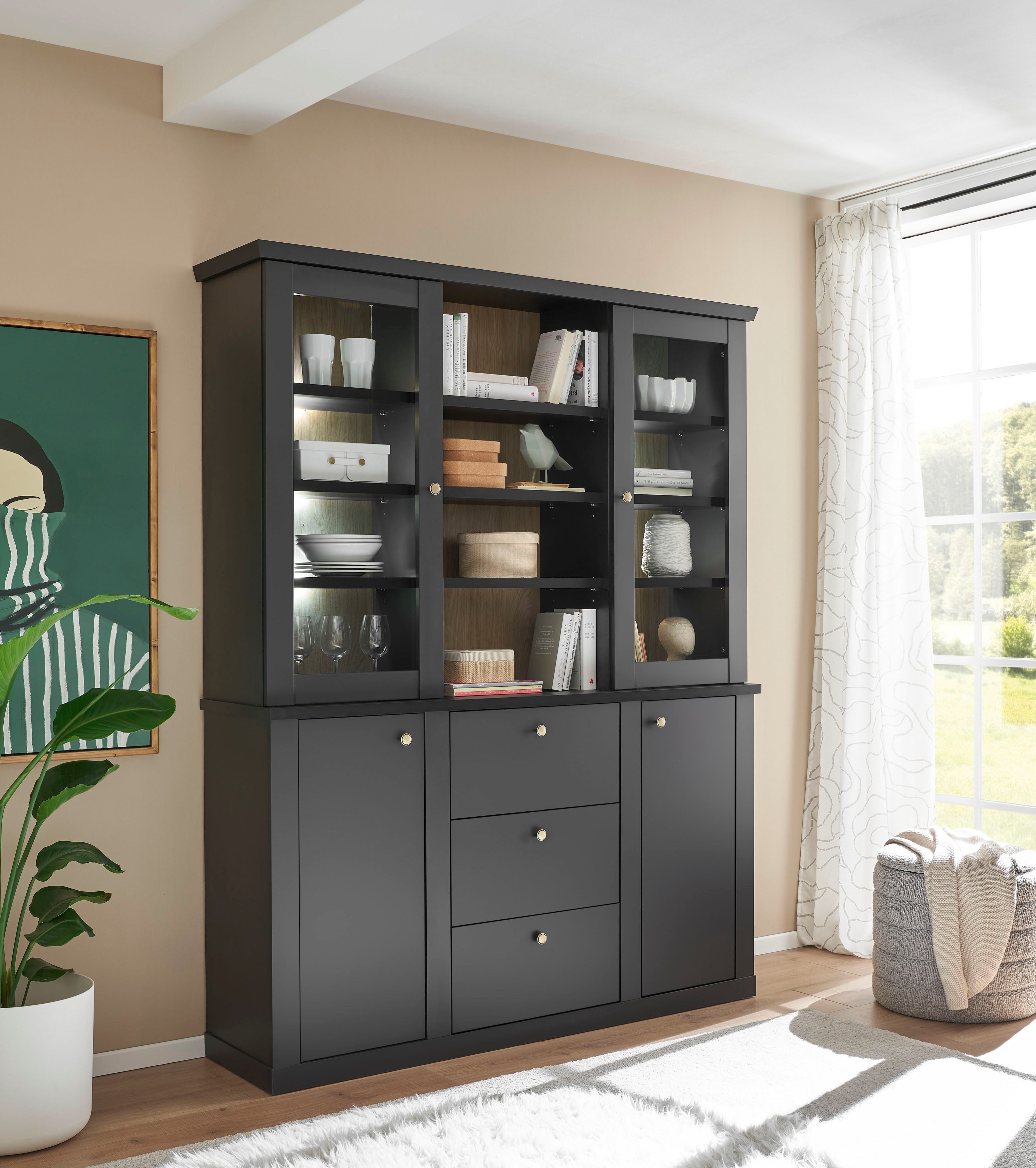 Home affaire Buffet Lincoln, Hochschrank im Landhausstil, moderner Schrank edles Design, messingfarbene Knopfgriffe, vielseitig einsetzbar