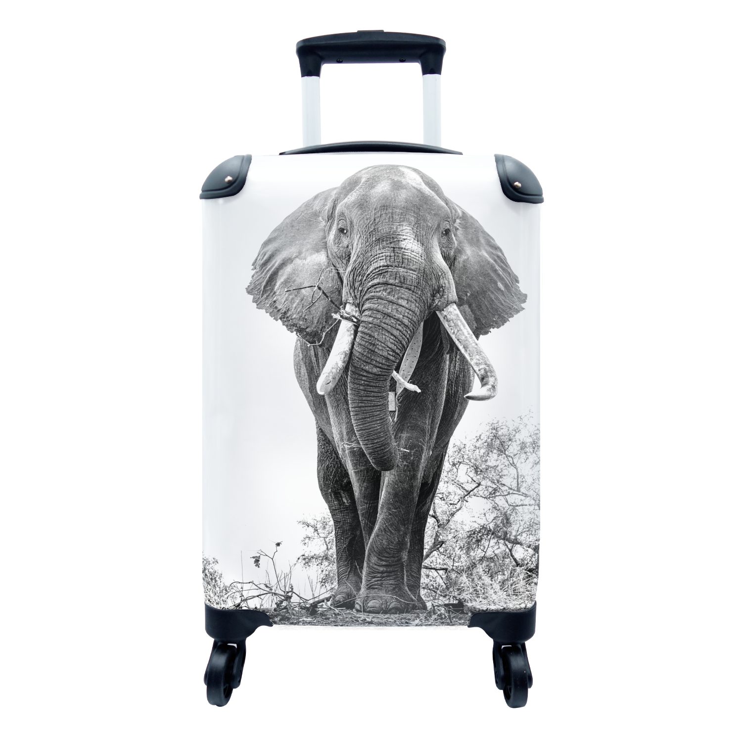 MuchoWow Handgepäckkoffer Essender Elefant - schwarz und weiß, 4 Rollen, Reisetasche mit rollen, Handgepäck für Ferien, Trolley, Reisekoffer