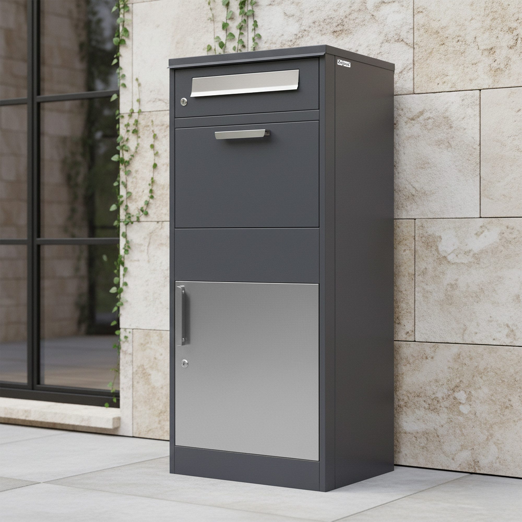 Zelsius Paketbriefkasten RAL7016 Anthrazit mit Edelstahl Elementen, mit Diebstahlsperre