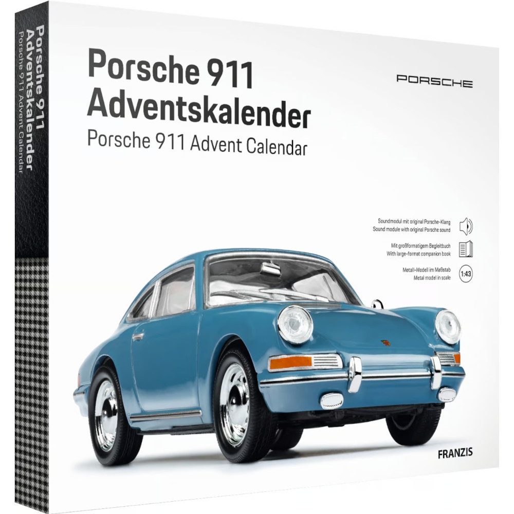 Franzis Adventskalender Porsche 911 Adventskalender 2025 Emailleblau – Modellauto 1:43 (24-tlg), Originaltreuer Porsche 911 in Emailleblau – inkl. Motorsound