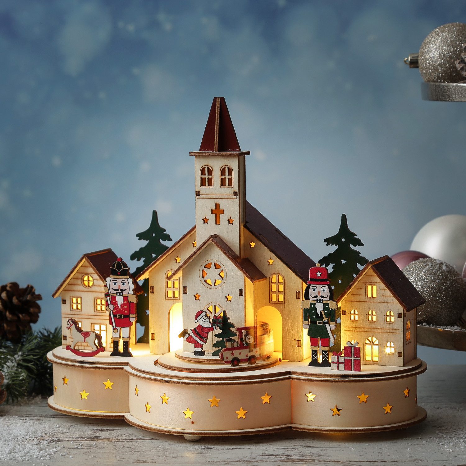 MARELIDA Weihnachtsdorf LED Holz Weihnachtsstadt mit Musik und fahrendem Zug Spieluhr
