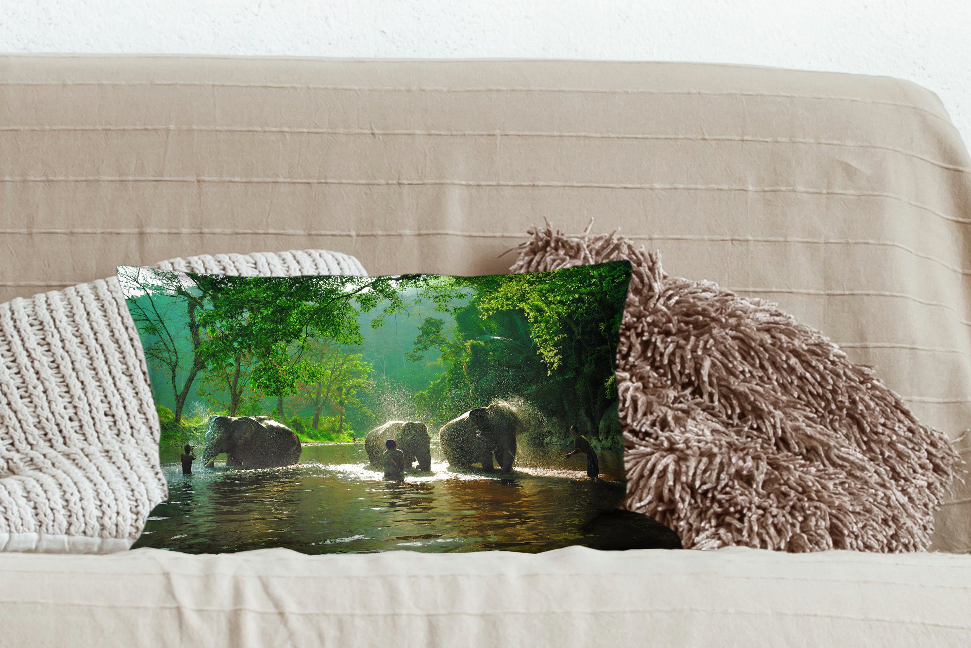 MuchoWow Dekokissen Elefant - Wasser Wohzimmer Schlafzimmer Füllung, Zierkissen, Dekoration, mit Grün - - - Tiere, Bäume Dekokissen
