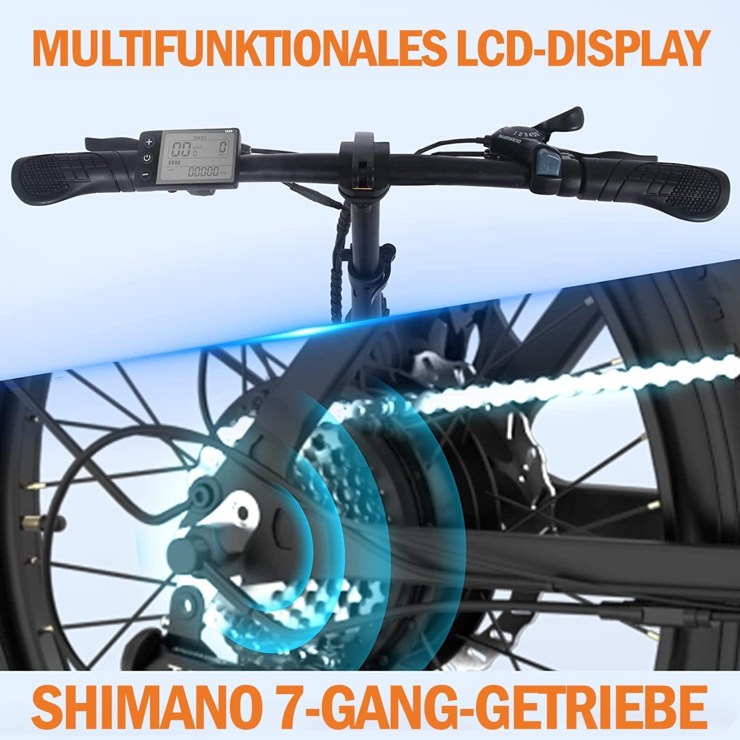 HITWAY E-Bike BK11, 7 Gang, Max 20" Stück 35-90km Shimano Damen/Herren Orange StVZO 7Gang Heckmotor, 250W 2