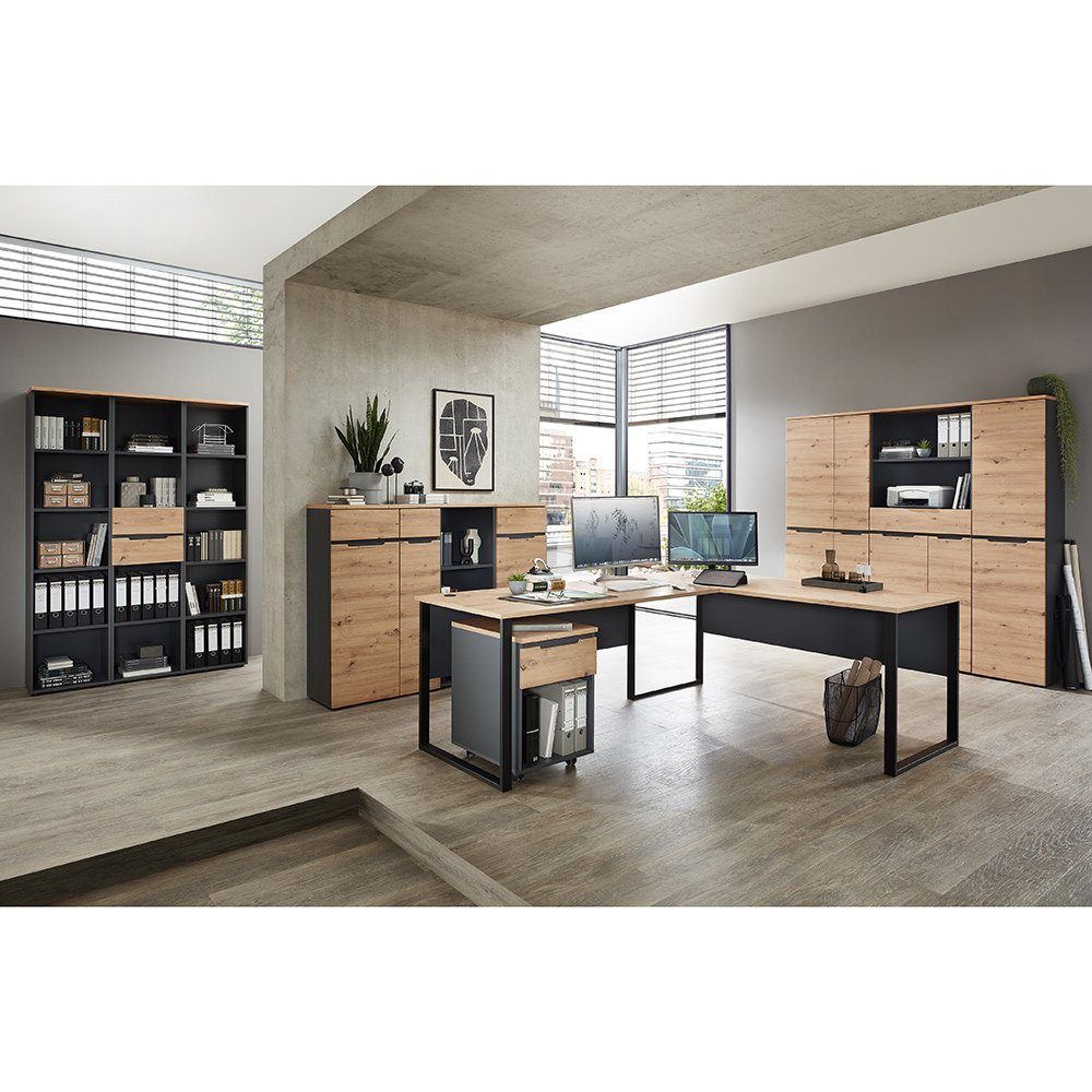 Lomadox Büromöbel-Set MANRESA-36, (Spar-Set, 11-tlg., 11-tlg), mit Winkelschreibtisch, graphit mit Eiche