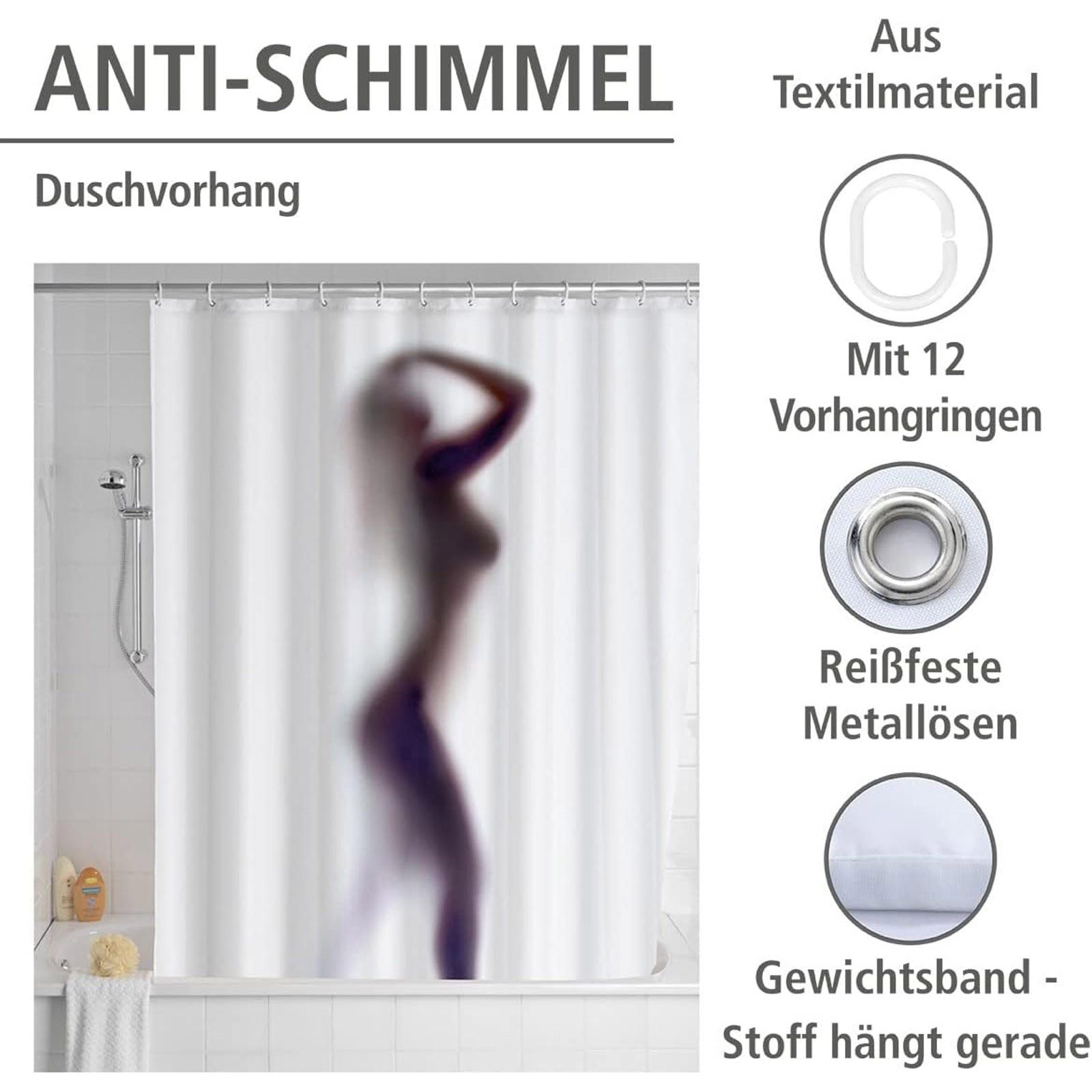 WENKO Duschvorhang Wannenvorhang Badewannenvorhang Silhouette Breite 180 cm, 180 x 200 cm inkl. 12 Ringe mit Antischimmel Effekt