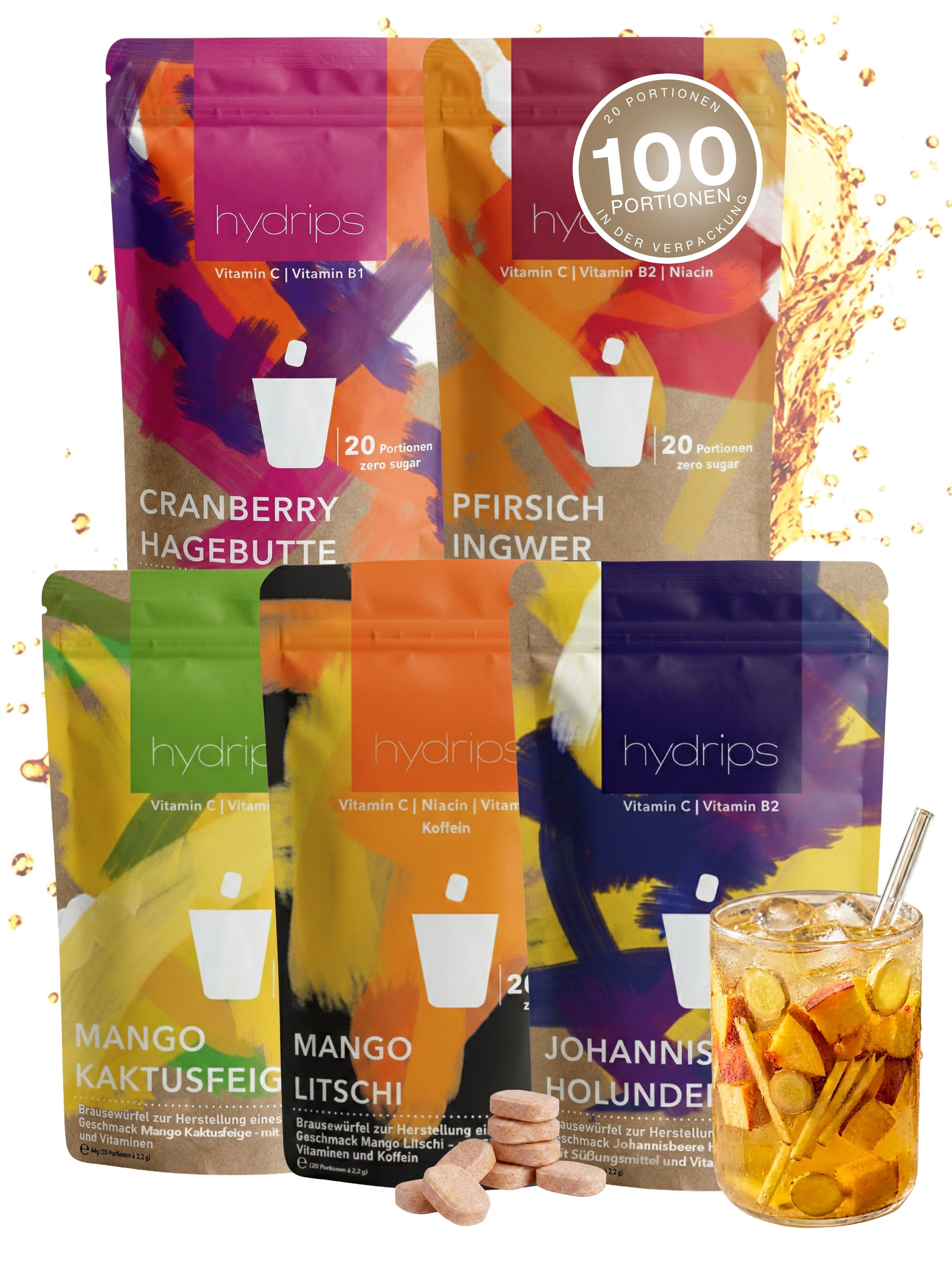 hydrips Getränkewürfel hydrips 5er Set, 100er All of hydrips, (Bundle, All of hydrips - 5 Sorten), Vegan, Glutenfrei, Zuckerfrei