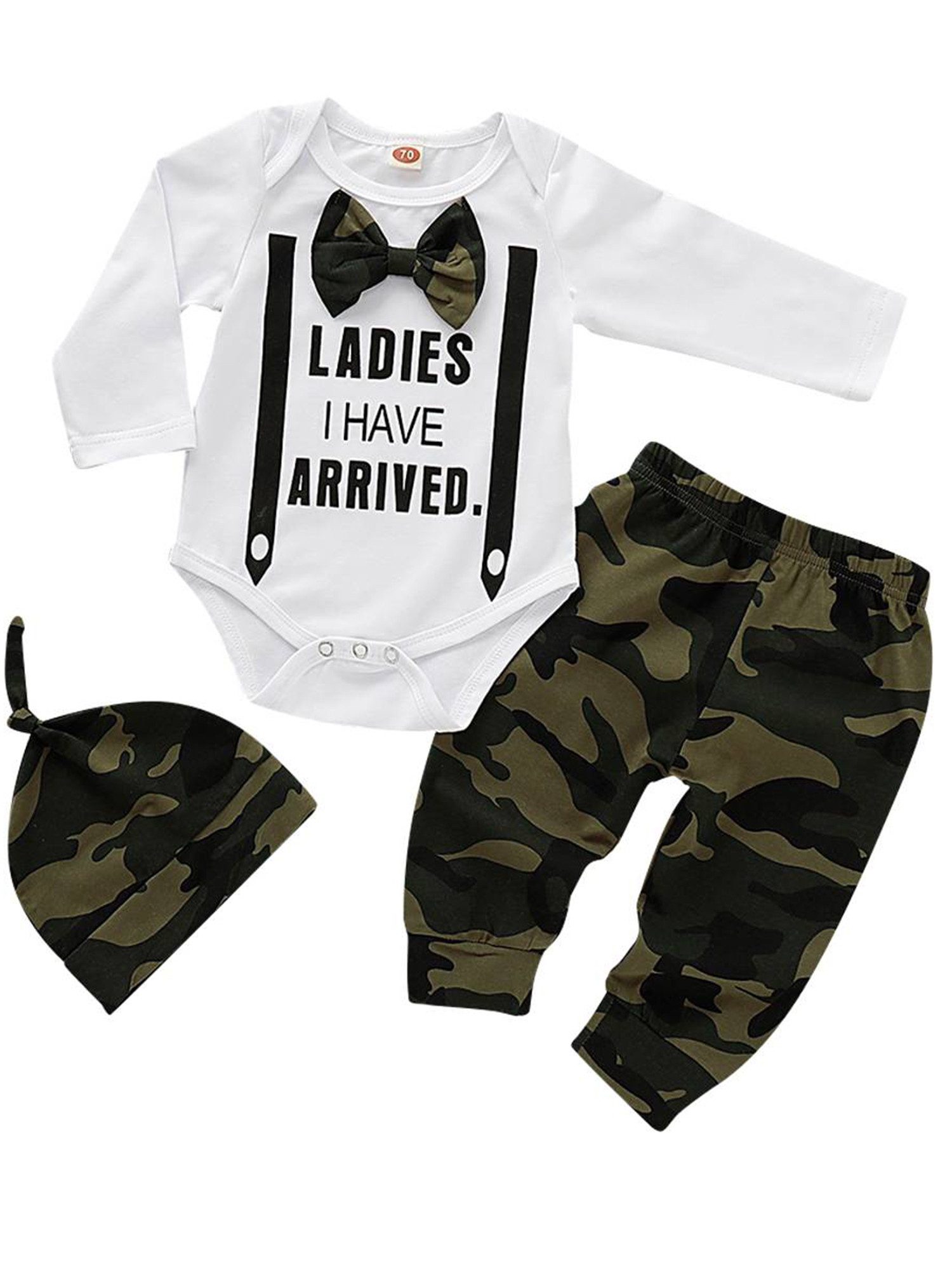 Gluckids Shirt, Hose, Jacke & Mütze Baby Junge Langarm Strampler + Hose + Mütze Outfits Camo Babykleidung (3-tlg) Kleinkind Freizeit Babykleidung Set Pullover Body Hosenanzug für Babys