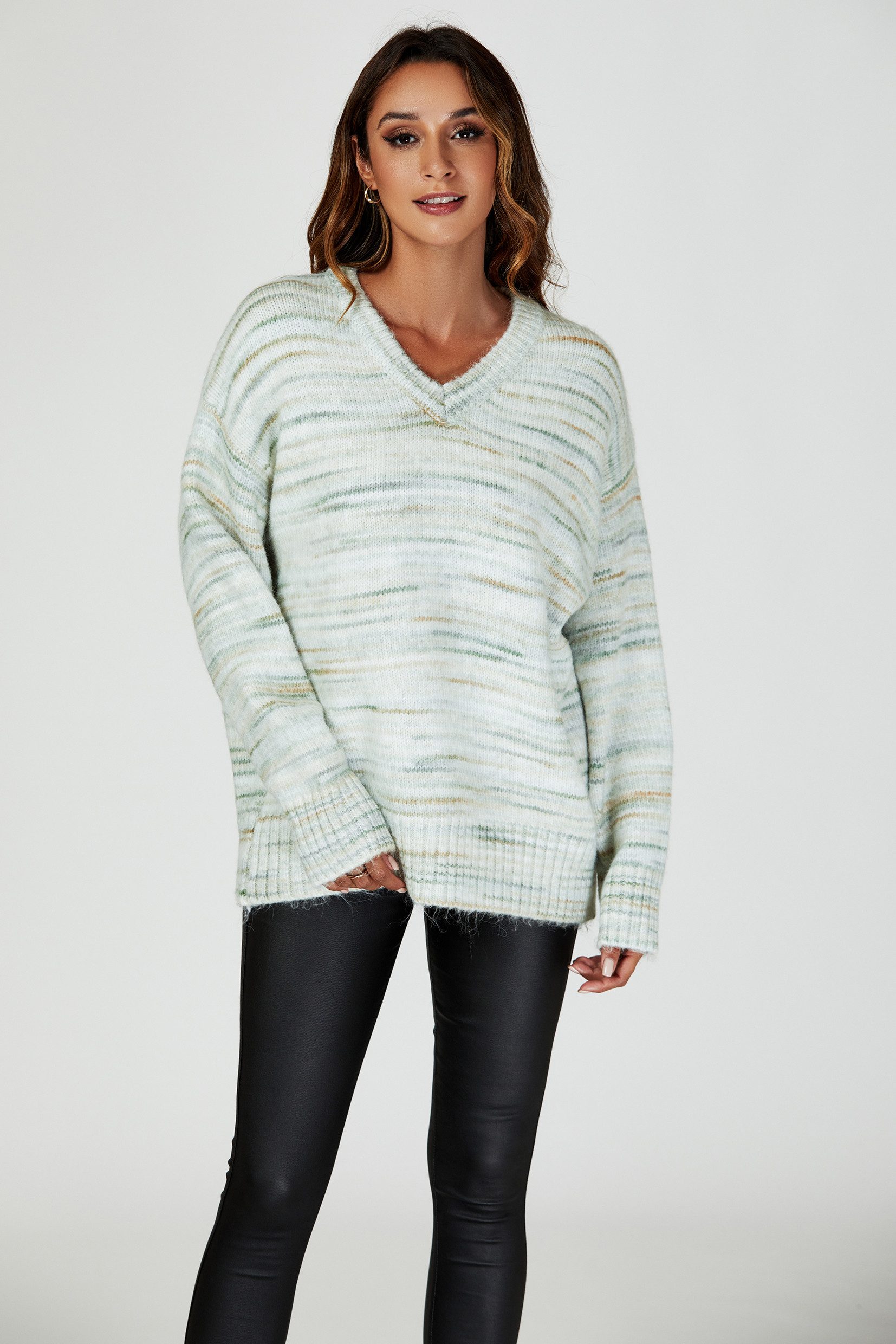 FS Collection Strickpullover Damen Strickpullover Lockerer Fit – V-Ausschnitt Pastellgrün Meliert (Einheitsgröße: UK 8–16 / EU 36–44) 56 % Viskose, 26 % Polyester und 18 % Wolle