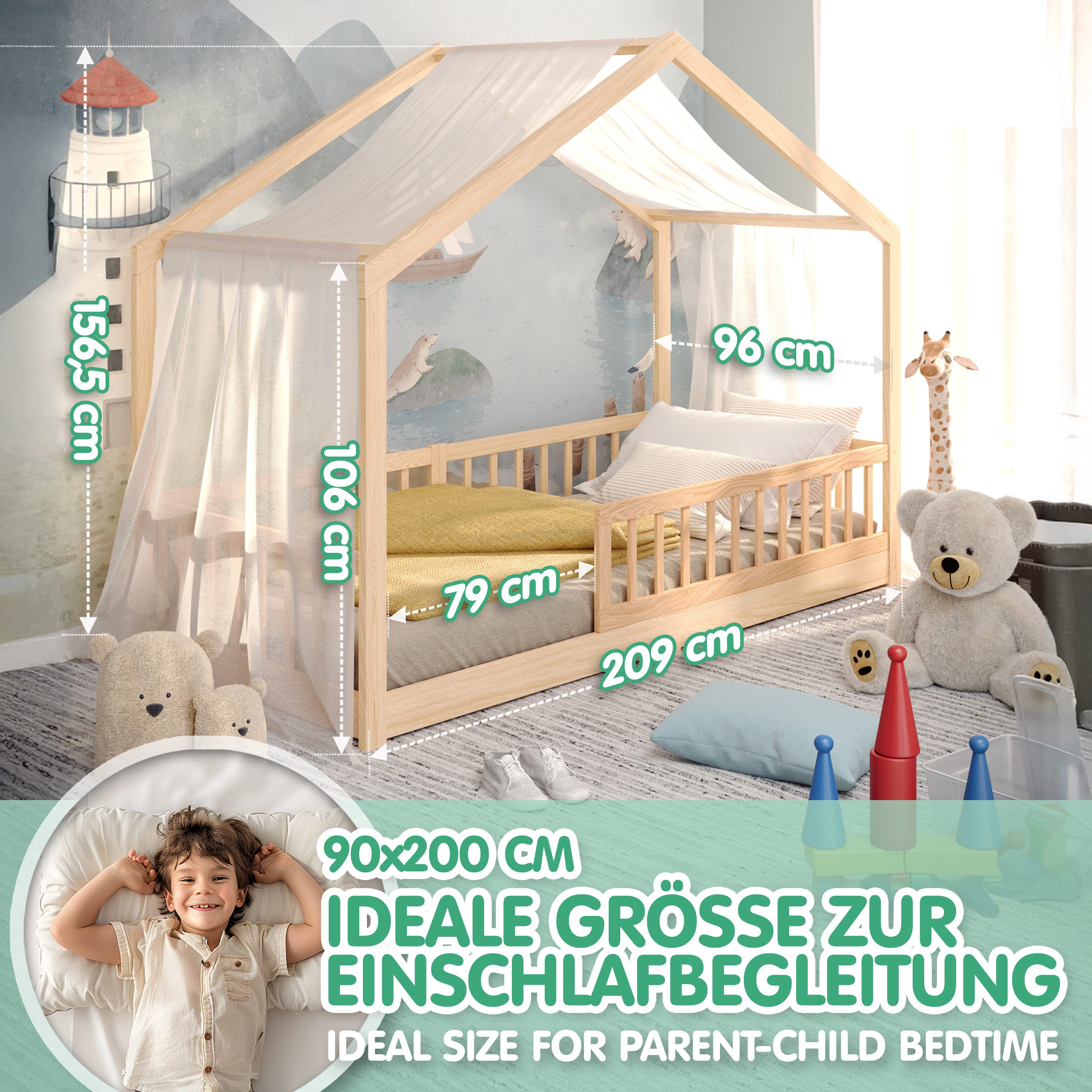 CADANI Kinderbett Malte Hausbett Bodenbett Rausfallschutz abnehmbar bis 200 kg belastbar (90x200 cm, Montessori Kinder- & Jugendbett aus Kiefer Massivholz), ink – Bild 4 von 5