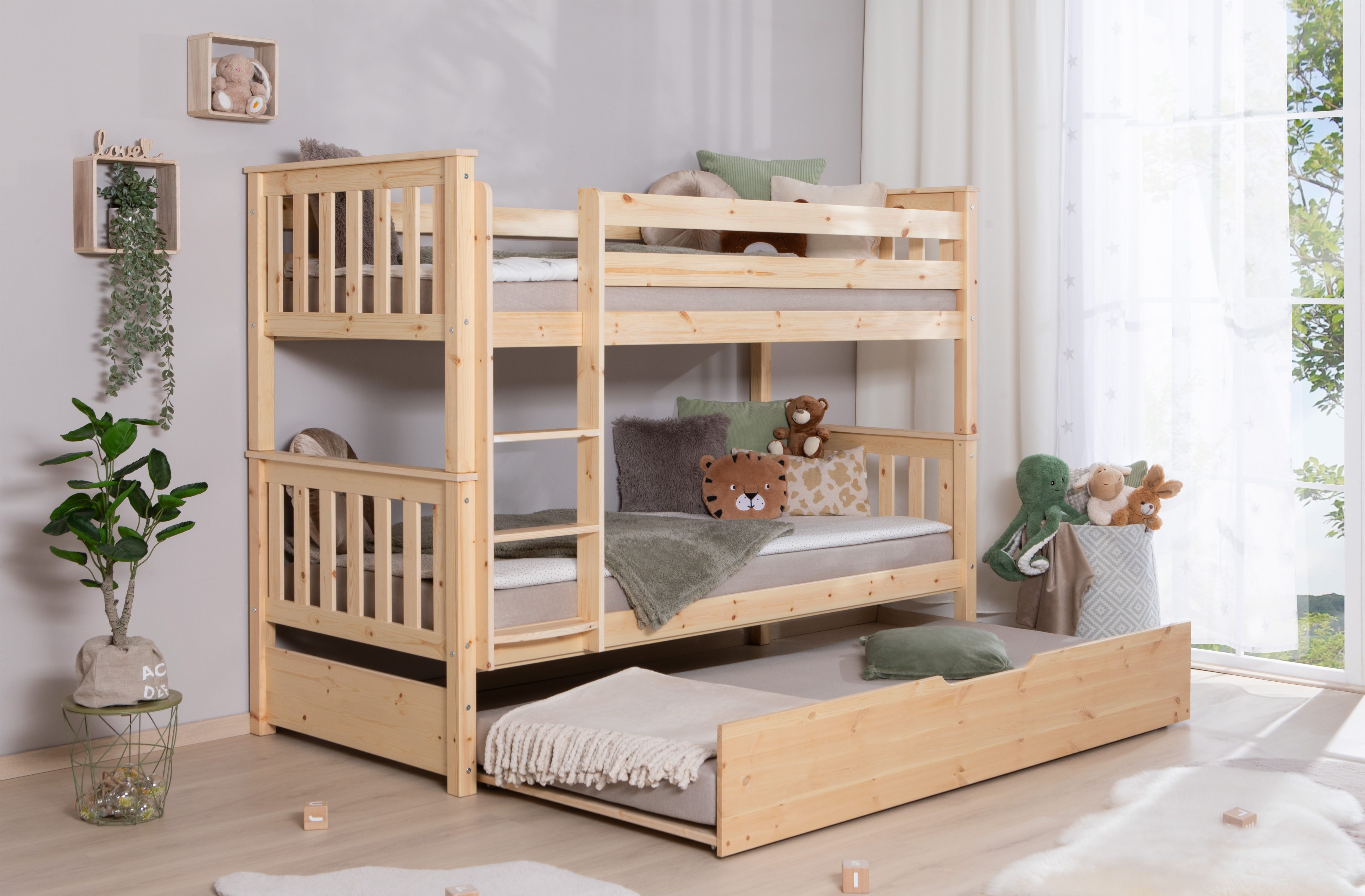 Ticaa Etagenbett Sammy, umbaubar zu 2 Einzelbetten, edles Design im Landhausstil (90x200cm), inklusive Schubkasten, 2x Rollrost, zertifiziertes Massivholz Kiefer