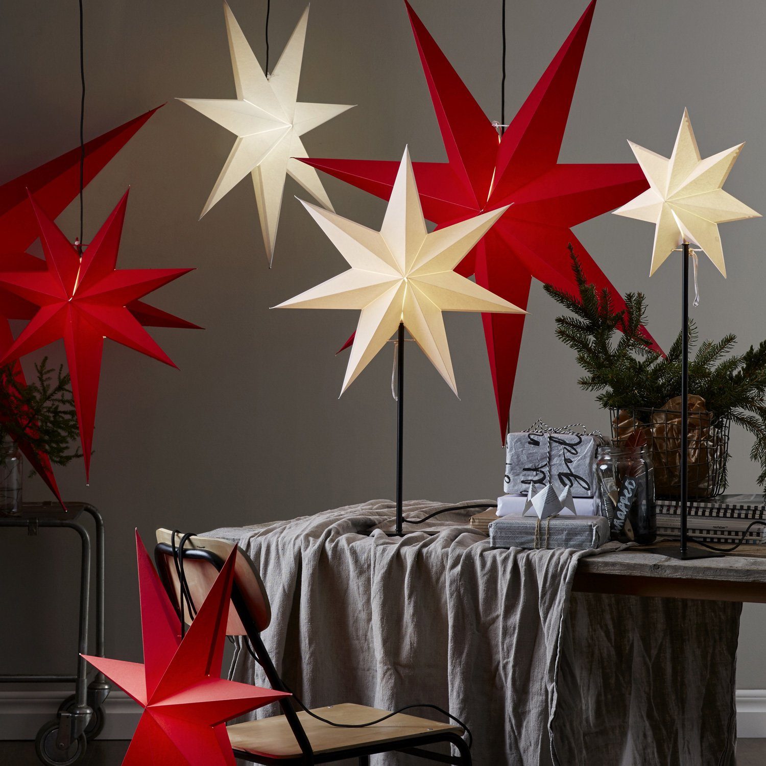 rot Papierstern STAR LED 7-zackig Faltstern 55cm mit hängend TRADING Stern Kabel Leuchtstern