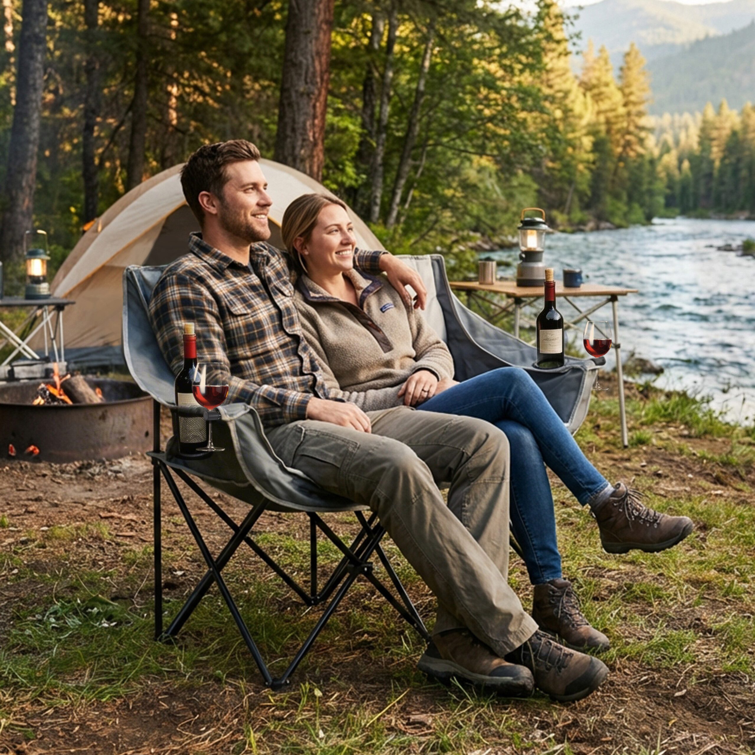 relaxdays Campingstuhl Faltbare Camping Bank für 2 Personen, grau