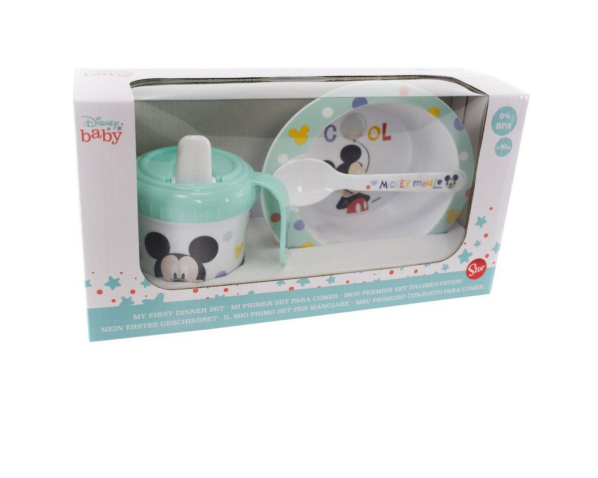 Stor Kindergeschirr-Set Disney Baby Kindergeschirr & Trinklernbecher mit Mickey / Minnie Motiv (3-tlg), 1 Personen, BPA-freies, lebensmittelechtes Material, für Mikrowellen geeignet