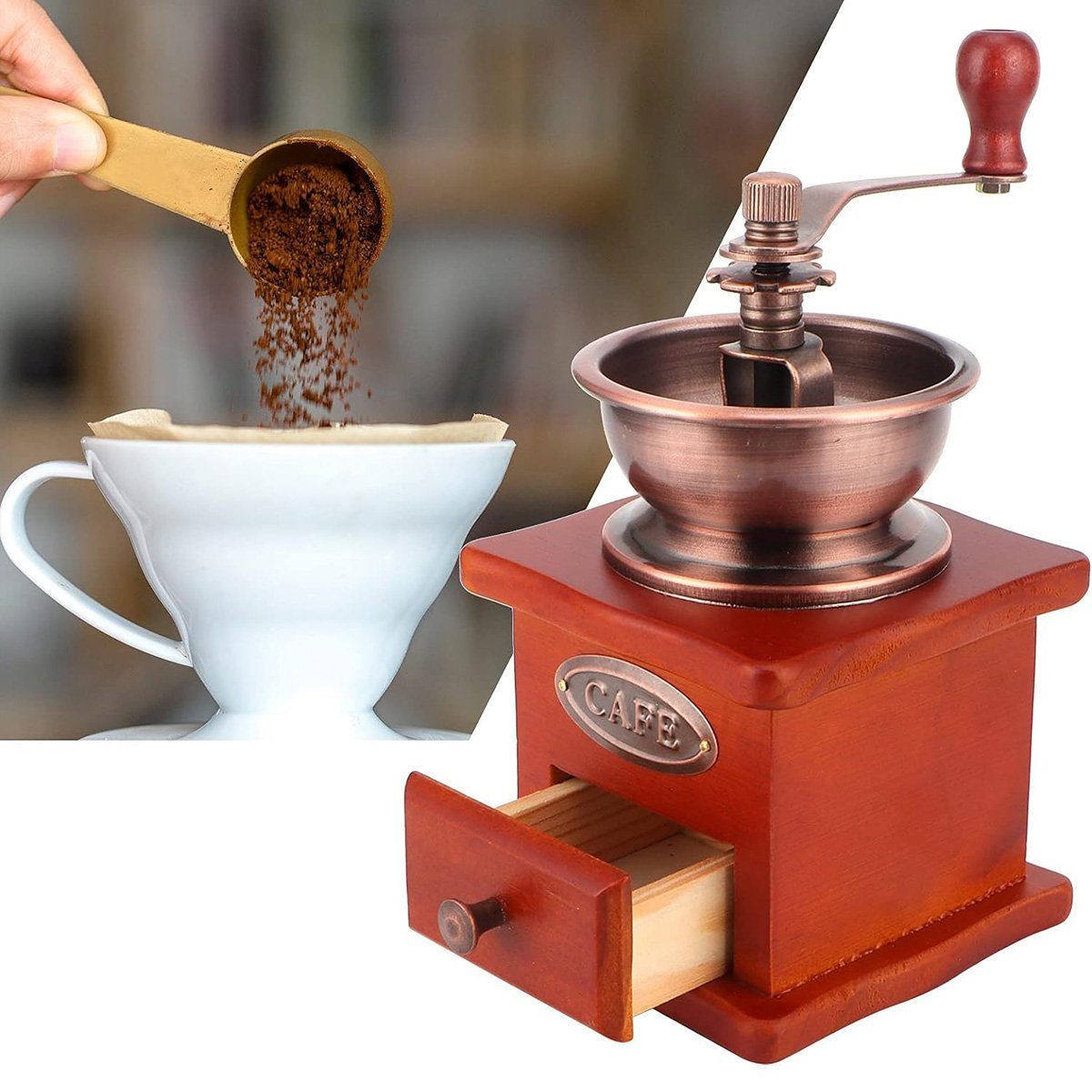 yozhiqu Kaffeemühle Kleine Handkurbel-Kaffeemühle Mahlwerk Bohnenmaschine, Retro-Stil, manuell, geeignet für Tropfkaffee-French-Press
