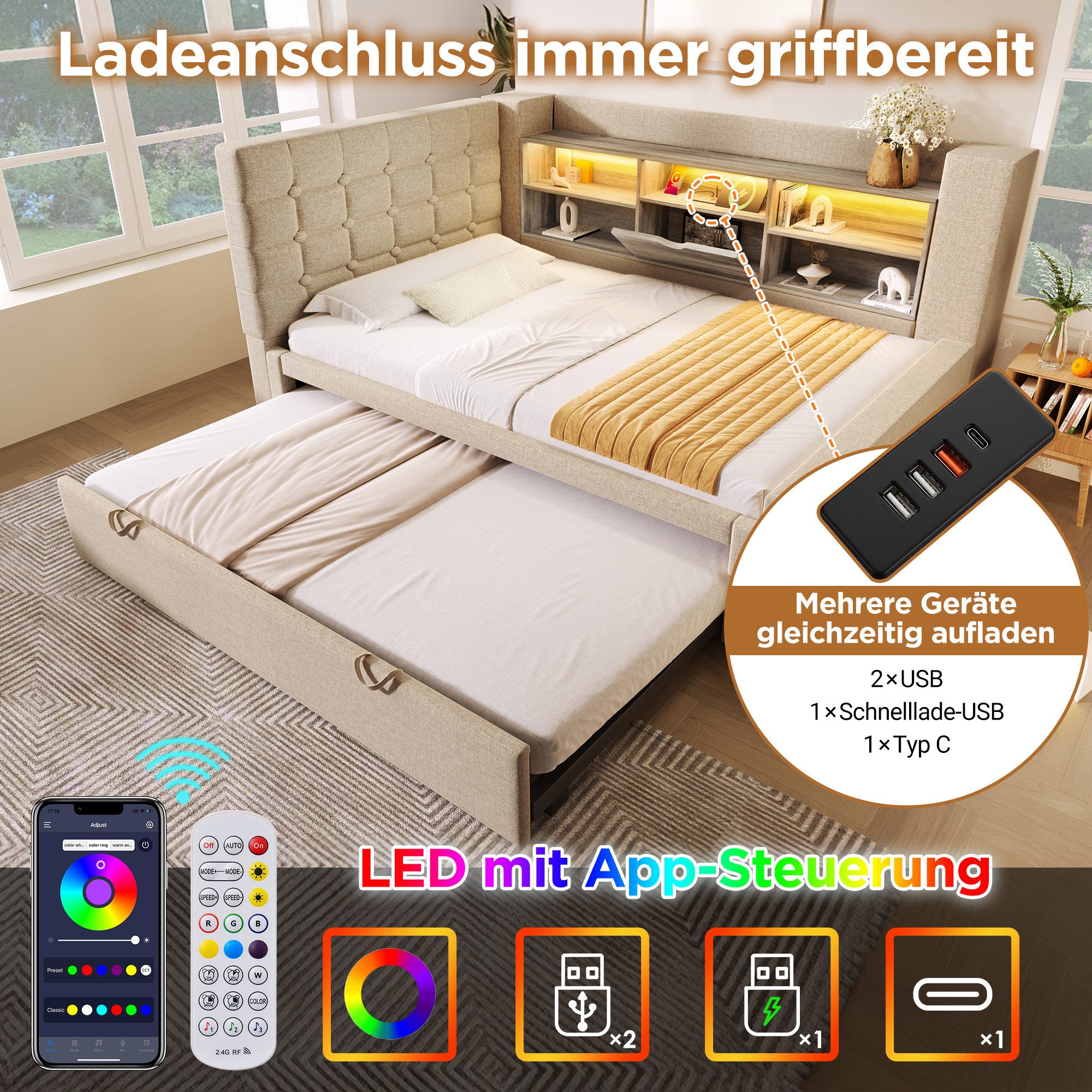 Flieks Daybett mit L-förmigem Kopfteil, Polsterbett 90x200cm mit Ausziehbett 90x190cm, LED-Leiste, USB/TYP-C – Bild 4 von 5