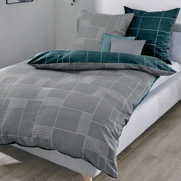 Bettwäsche Biber Bettwäsche Uptown 088-588 smaragd grau Karo geometrisch, Kaeppel, Feinbiber, 3 teilig, Wendebettwäsche aus 100% Baumwolle