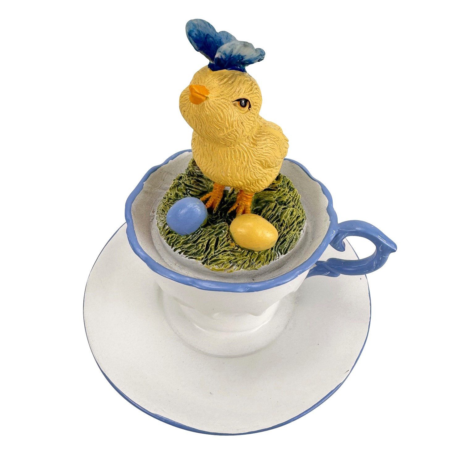 Online-Fuchs Dekofigur Süßer Hase und Küken in 2 Tassen - Frühlingsdeko, Osterdekoration (mit 2 Schmetterlingen verziert, fröhlich verspielt), aus langlebigem Polyresin mit feiner Bemalung