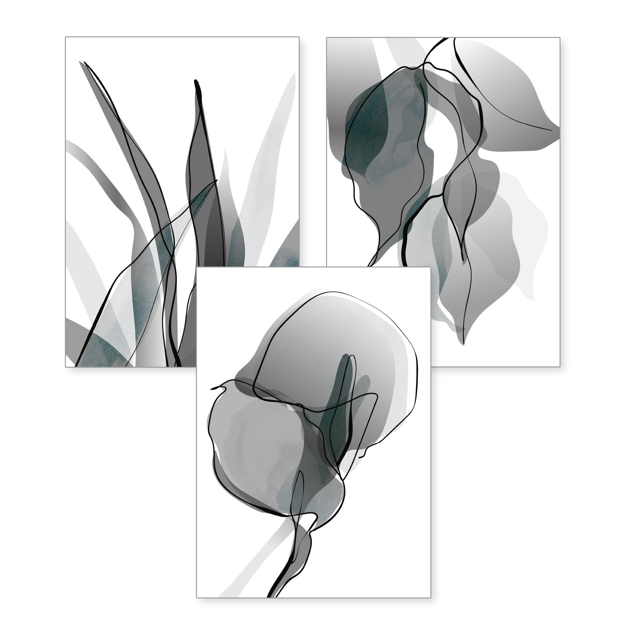 Kreative Feder Плакат Floral Grau, Natur (Set, 3 St), 3-teiliges Плакат-Set, Wandbild, optional mit Rahmen, DIN A4 oder A3