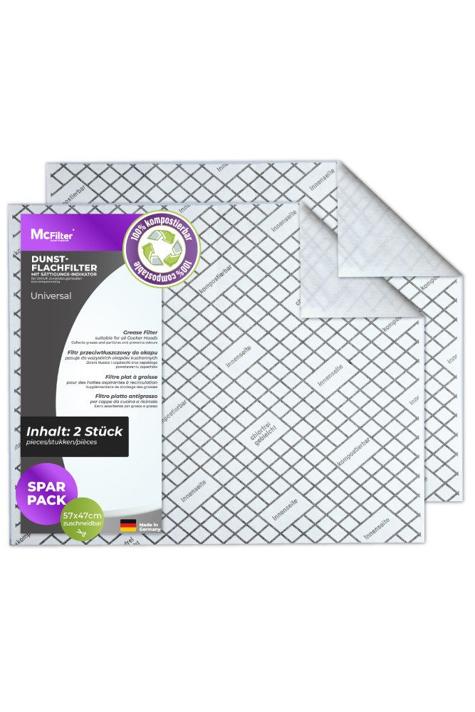 McFilter Fettfilter (2 Stück) Universal Dunstfilter 57 x 47cm mit Sättigungsindikator, Zubehör für alle handelsüblichen Dunstabzugshauben, extra speicherfähig, zuschneidbar, Schwer entflammbar nach DIN 53438