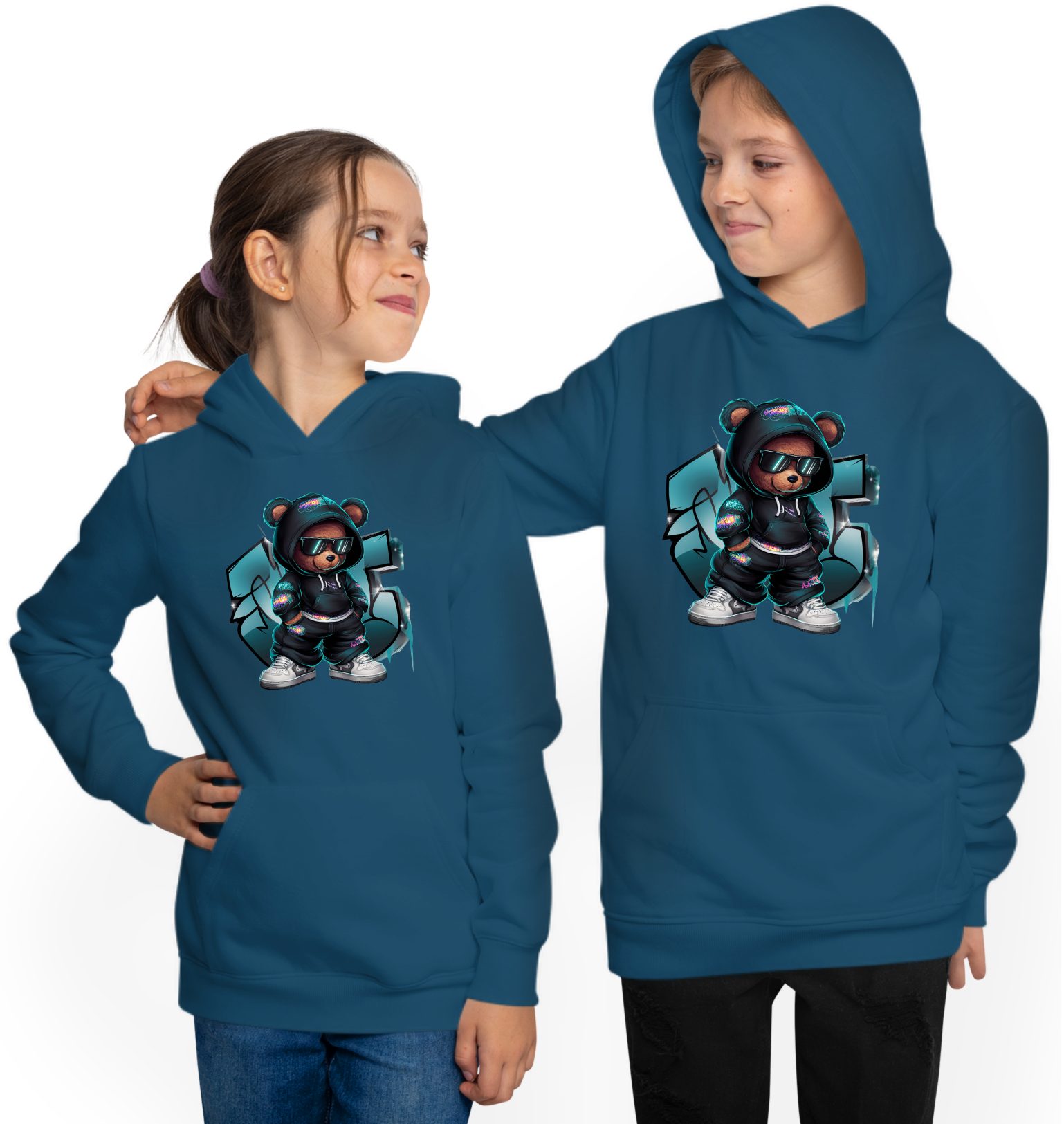 MyDesign24 Sweatshirt Kinder Hoodie - Kapuzen Pulli mit coolem Streetstyle Teddy Print Kapuzensweater mit HipHop Aufdruck i631 – Bild 2 von 5