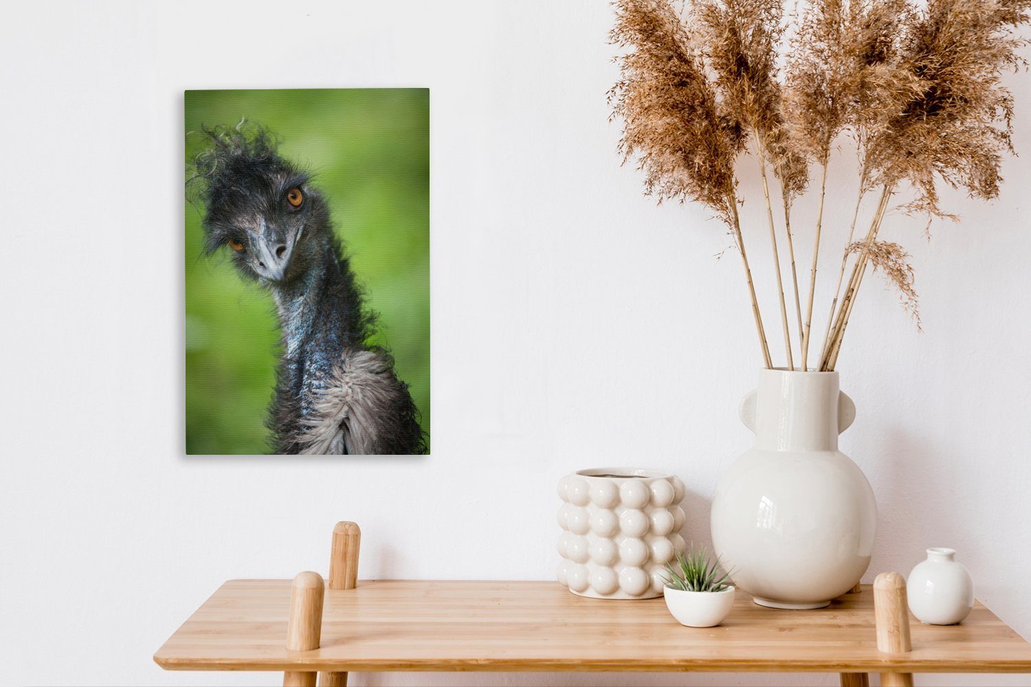 OneMillionCanvasses® Leinwandbild Ein Emu Leinwandbild Kamera, inkl. fertig direkt St), schaut in Zackenaufhänger, 20x30 die (1 bespannt Gemälde, cm
