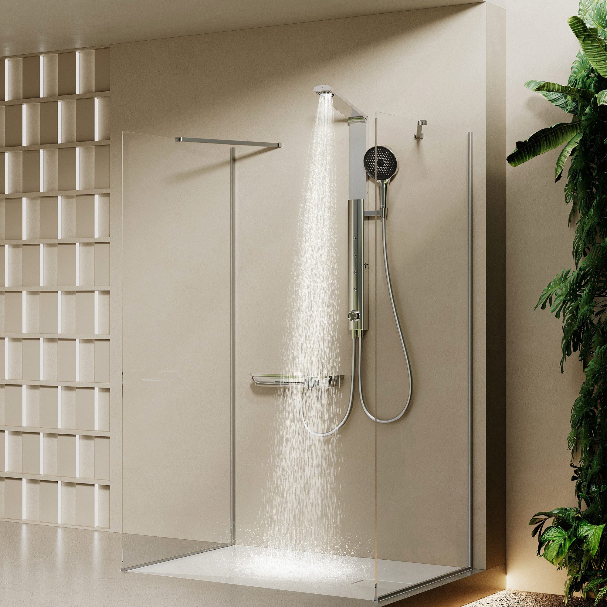 HOROW Duschsystem Brausegarnitur mit Thermostatarmatur und faltbarer Regendusche, 4 Strahlart(en), Regendusche Set, 3 Massage-Modi, Klappbares Duschset, Höhenve – Bild 3 von 5