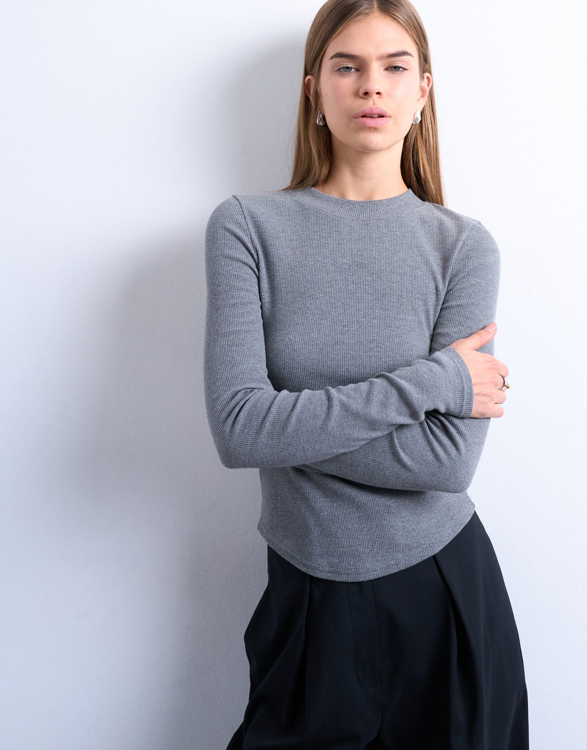 TOPSHOP Langarmshirt TSBEA LS RIB CURVED HEM TOP JRS NOOS Baumwollmischung, normal geschnitten