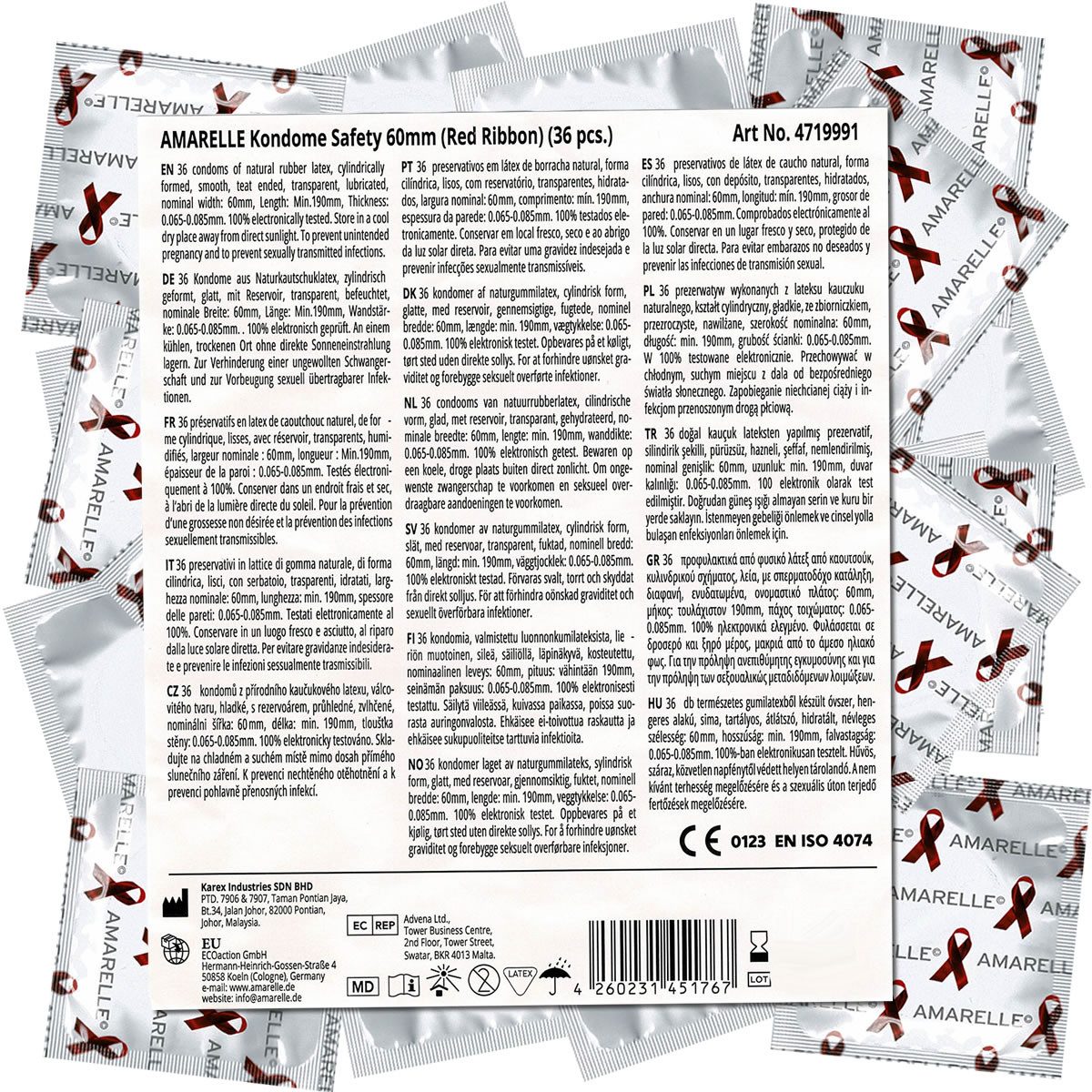 Amarelle Kondome Safety Packung mit, 36 St., 60mm (Red Ribbon) für alle Gelegenheiten, Vorratstüte