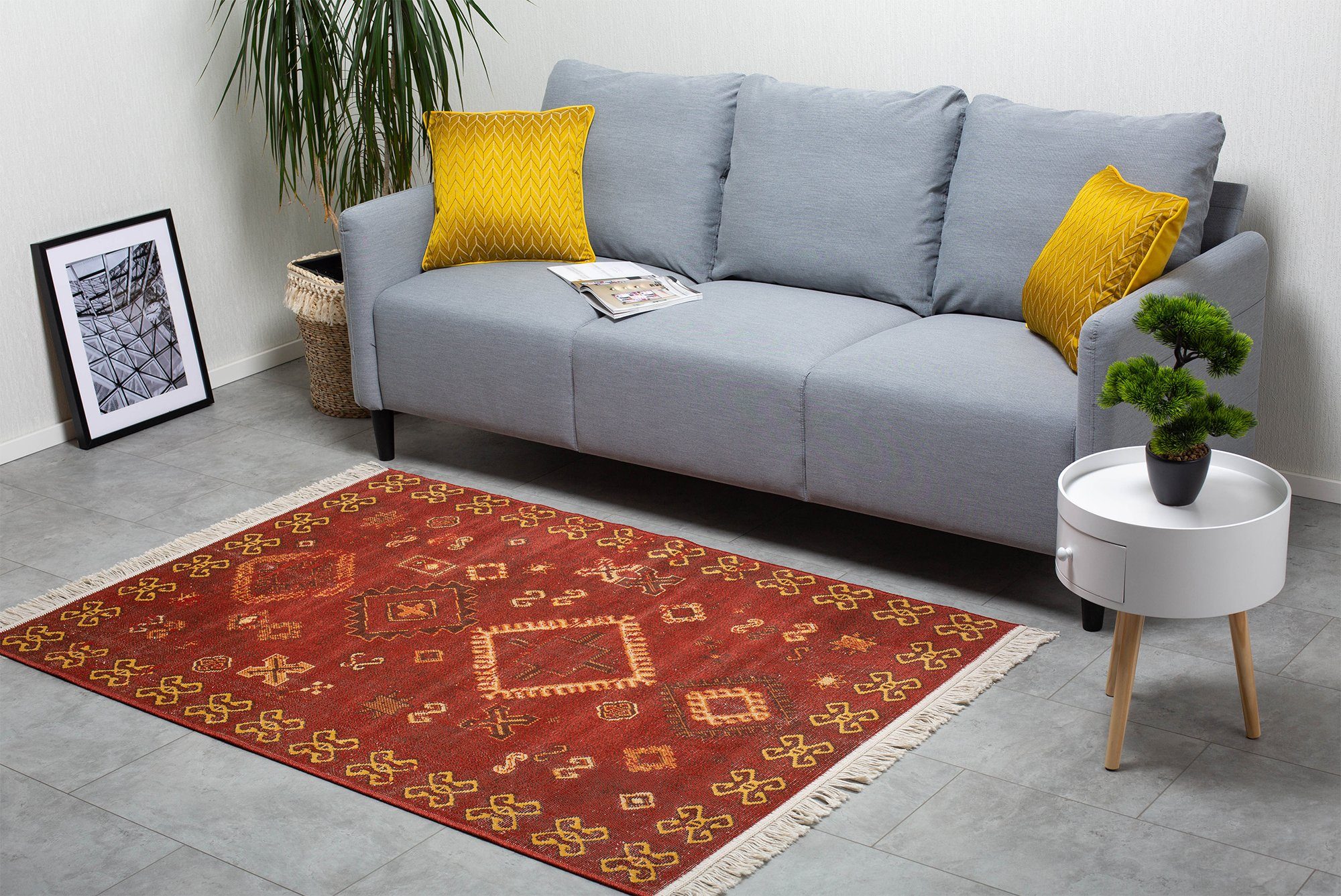 Teppich Fransenteppich und faltbar Rot, Wohnzimmer/Schlafzimmer/Esszimmer, im - DomDeco Ethno-Stil & Kunstfaser, Baumwolle LUIS recycelte flexibel für