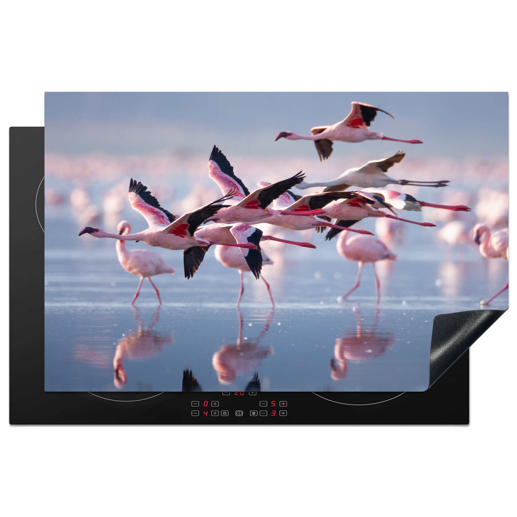 MuchoWow Herdblende-/Abdeckplatte Flamingo - Vogel - Wasser - Rosa, Vinyl, (1 tlg), 81x52 cm, Ceranfeldabdeckung, Arbeitsplatte für küche