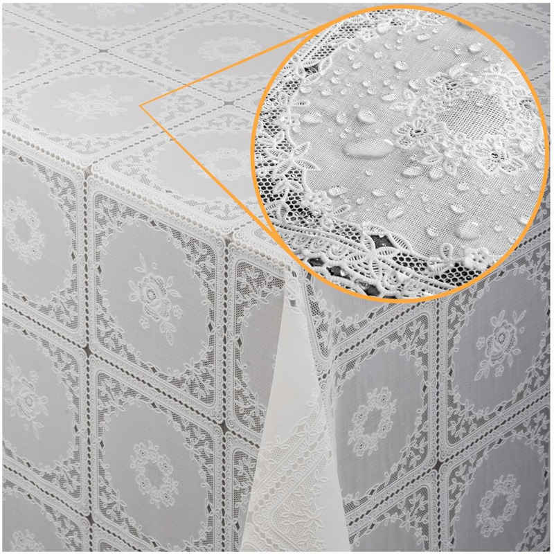 ANRO Tischdecke Tischdecke Wachstuch Blumen Weiß Robust Wasserabweisend Breite 140 cm, Geprägt, Relief, Lace Vinyl