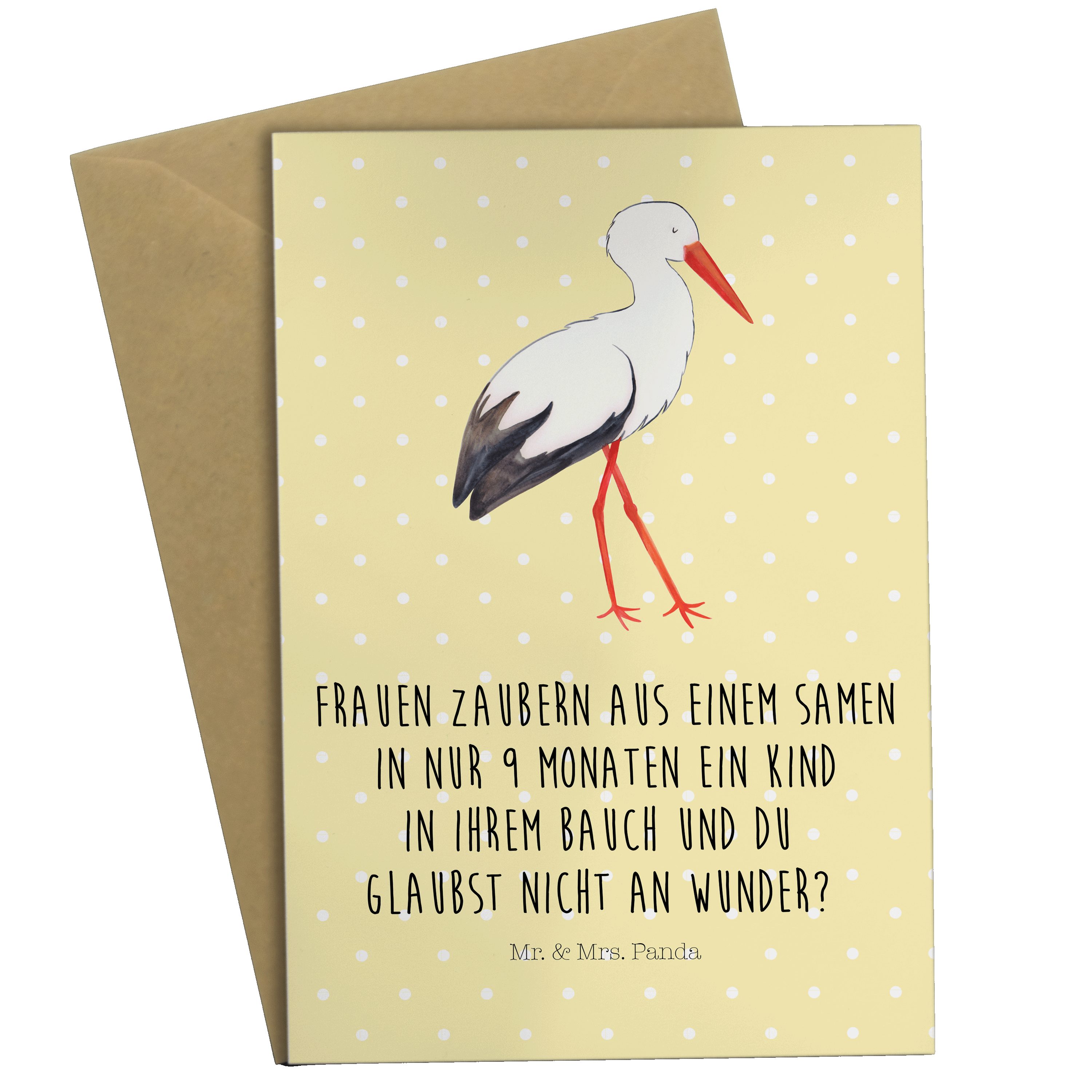 Mr. & Mrs. Panda Grußkarte Storch - Gelb Pastell - Geschenk, Karte, Klappkarte, Schwangerschaft | Grußkarten