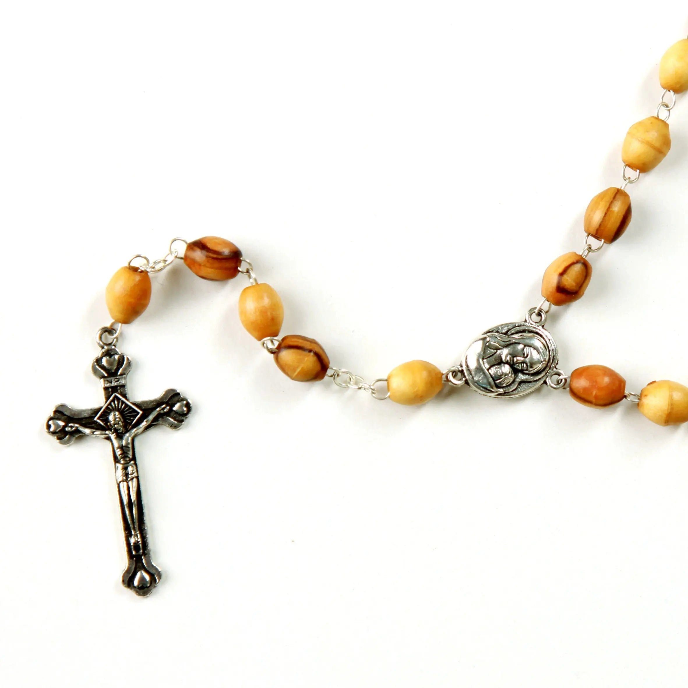 Kassis Dekoobjekt Rosenkranz mit Jesuskreuz aus Olivenholz und Metall, handgemacht, Holzdeko, Naturprodukt, aus Bethlehem, Gebetskette, ovale Perlen