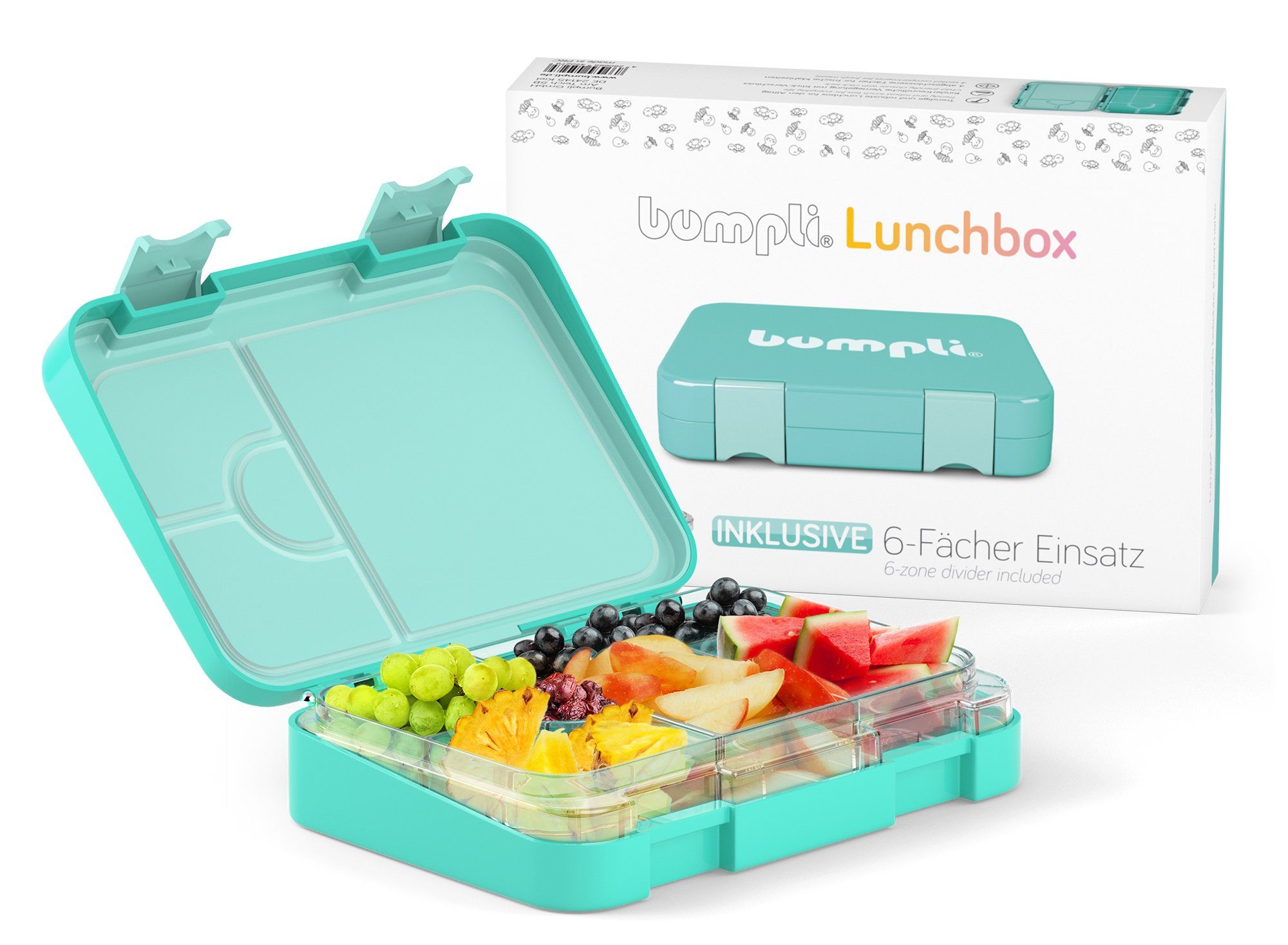 bumpli® Lunchbox Kinder Brotdose (6 Fächer) Brotbüchse, Vesperdose, Tritan, Auslaufsicher & BPA-frei- Kinderfreundliche Verriegelung mint