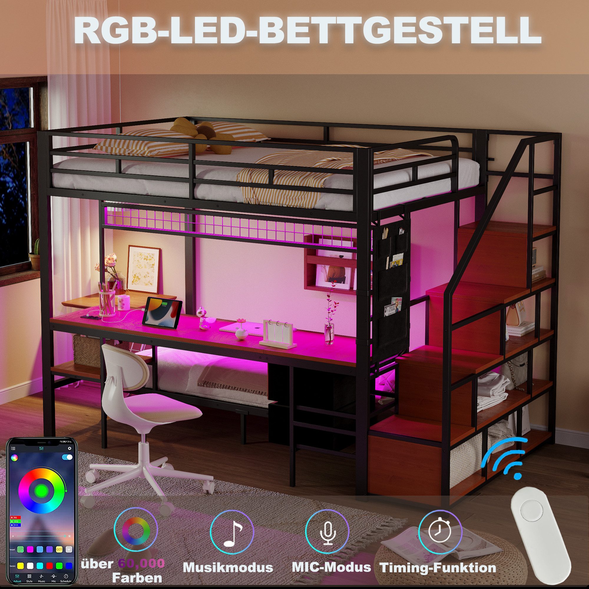 MODFU Etagenbett mit Stauraum & Stoffschubladen (Kinderbett mit LED-Schreibtisch, Steckdosen, 90x200cm+140x200cm), ohne Matratze