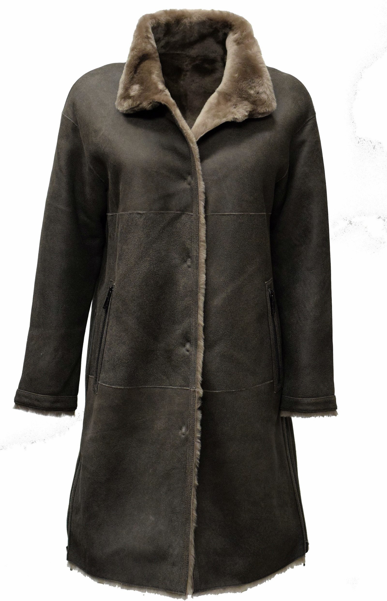 Levinsky Furs Ledermantel Giorgiana Damen Wende-Fellmantel Lammfellmantel Antik Grau