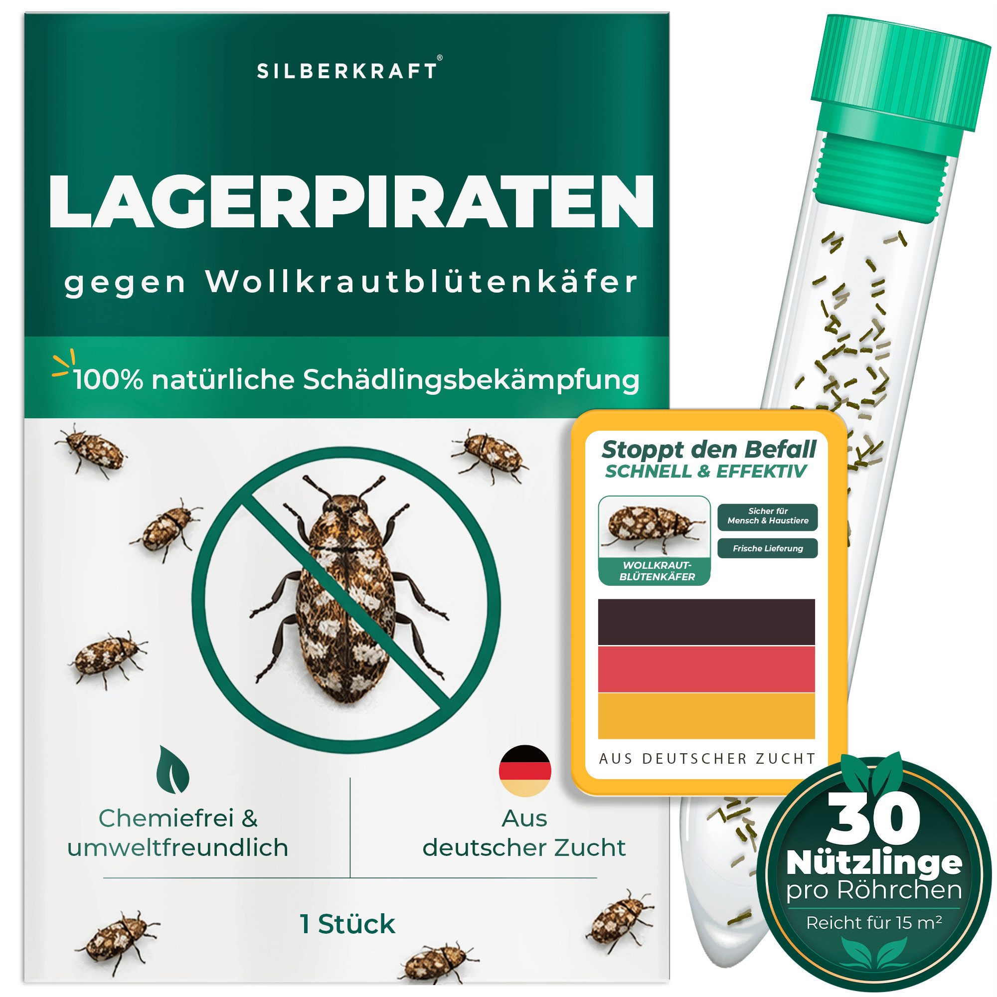 Silberkraft Insektenvernichter Lagerpiraten gegen Wollkrautblütenkäfer 100% BIOLOGISCH, MATERIALSCHÄDLING STOPPEN LANGFRISTIGE LÖSUNG