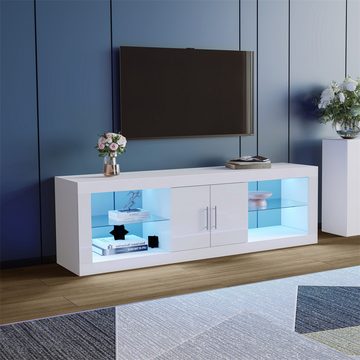 autolock TV-Schrank Moderner weißer TV-Ständer für 60"-Fernseher; 16 Farb-LED Bluetooth-Steuerung; Schranktüren, verstellbare Einlegeböden
