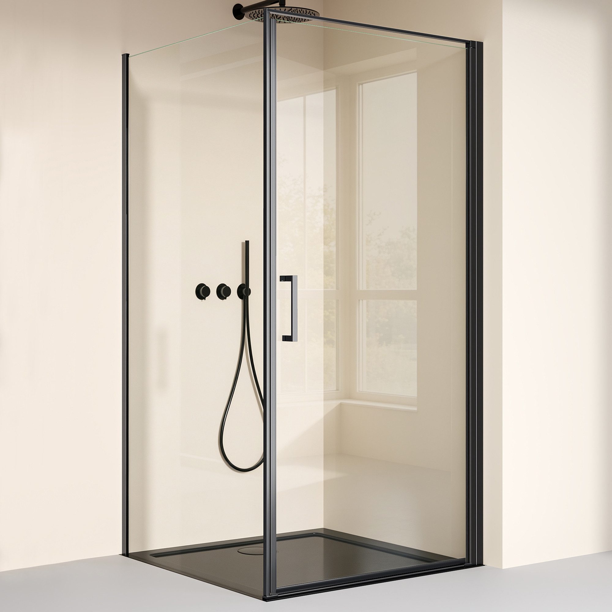 doporro Eckdusche Duschkabine 90x90cm Schwarz 8mm ESG mit Nano-Beschichtung H:195cm R36, BxT: 75x75 cm, Einscheibensicherheitsglas