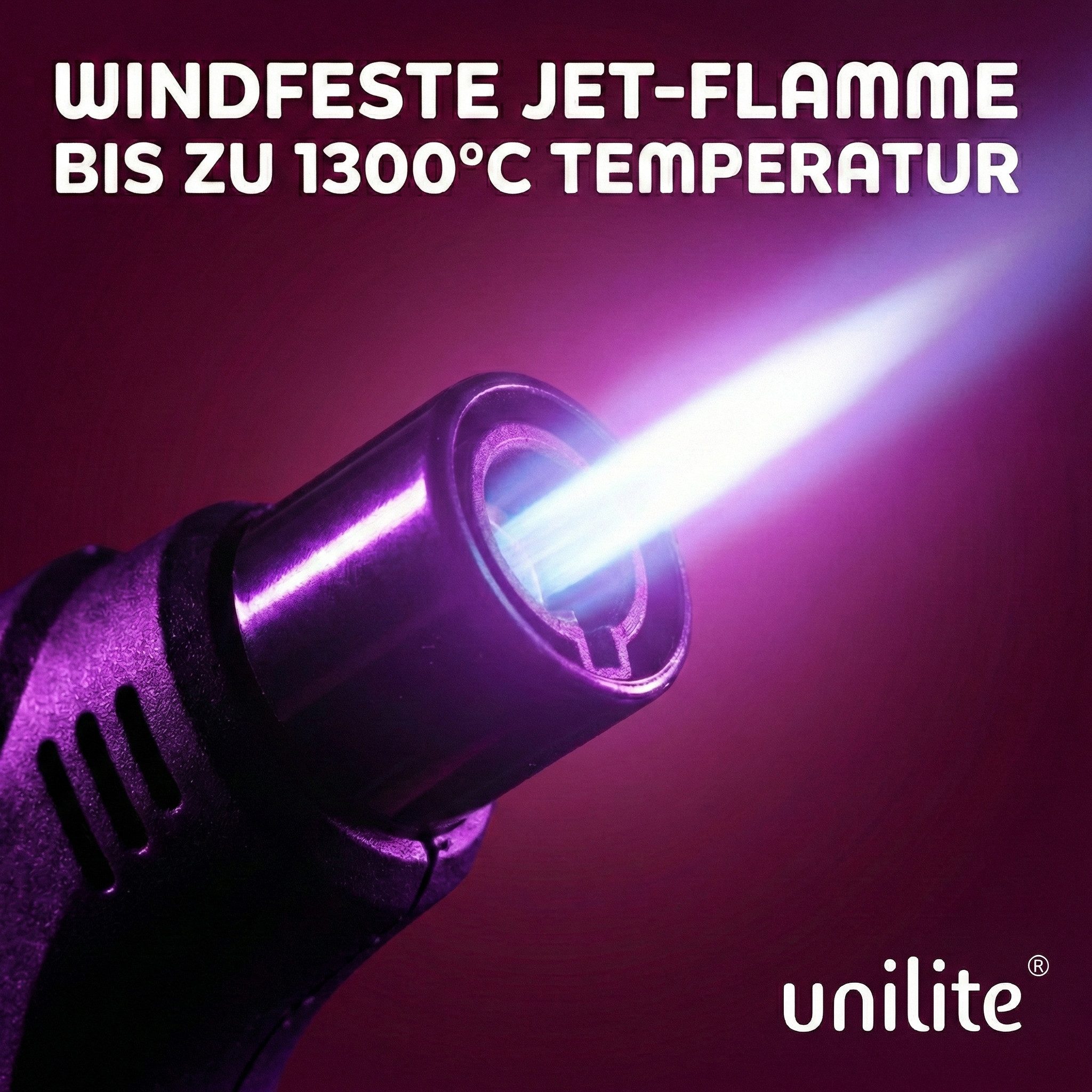 Unilite Flambierbrenner Gasbrenner 4er Set Sturmfeuerzeuge, Nachfüllbar, Jet Flamme, (4-tlg), bis 1300 °C, Standfuß