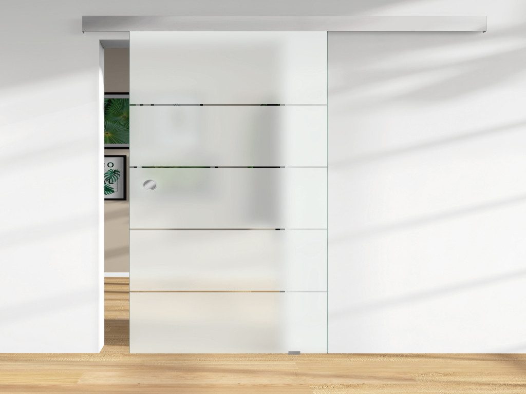 FLEXO Glastür Ganzglasschiebetür ESG 8mm mattweiß 4 klare Streifen