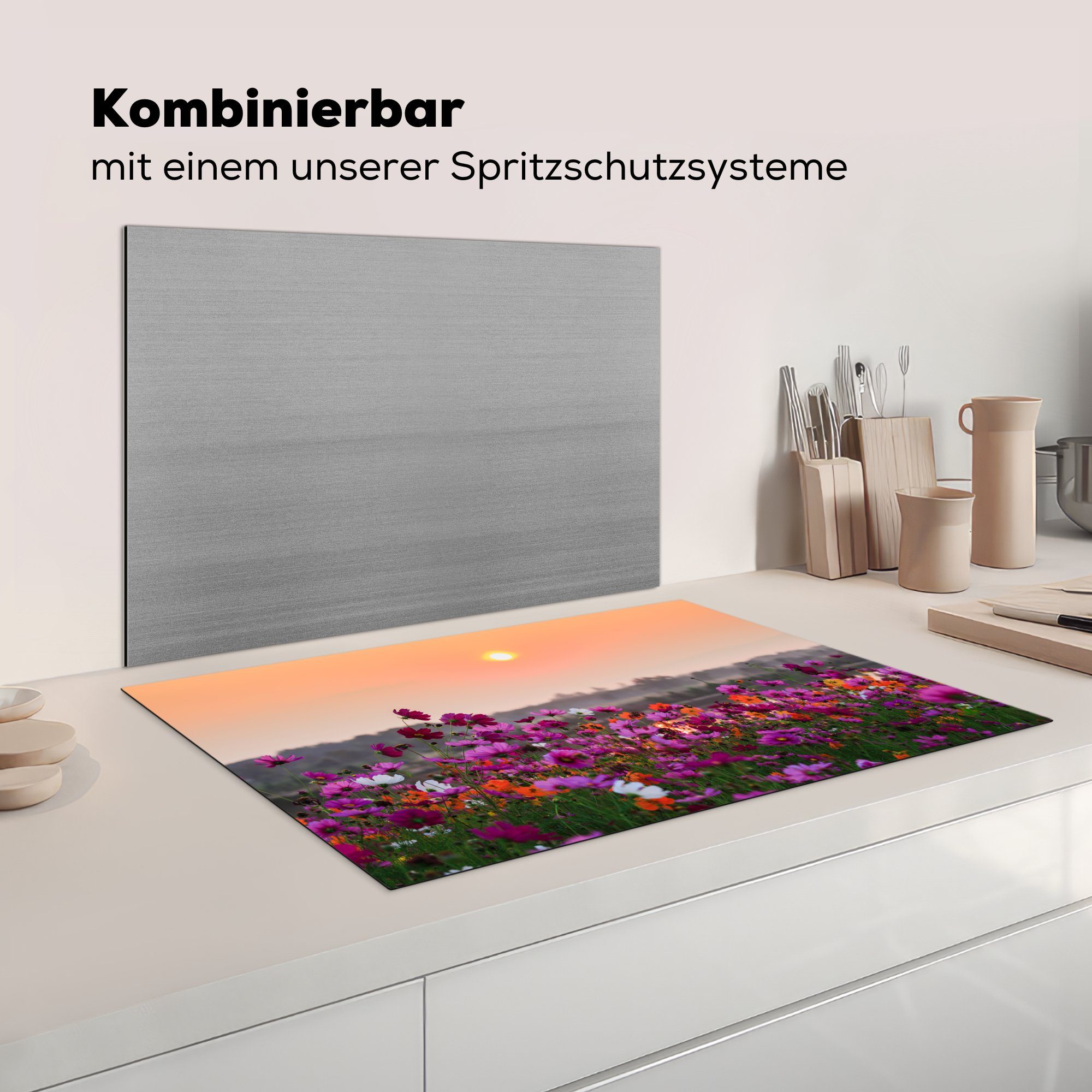 MuchoWow Herdblende-/Abdeckplatte Blumen - für die tlg), Schutz 81x52 cm, Ceranfeldabdeckung - Vinyl, (1 Sonne, küche, Induktionskochfeld Herbst